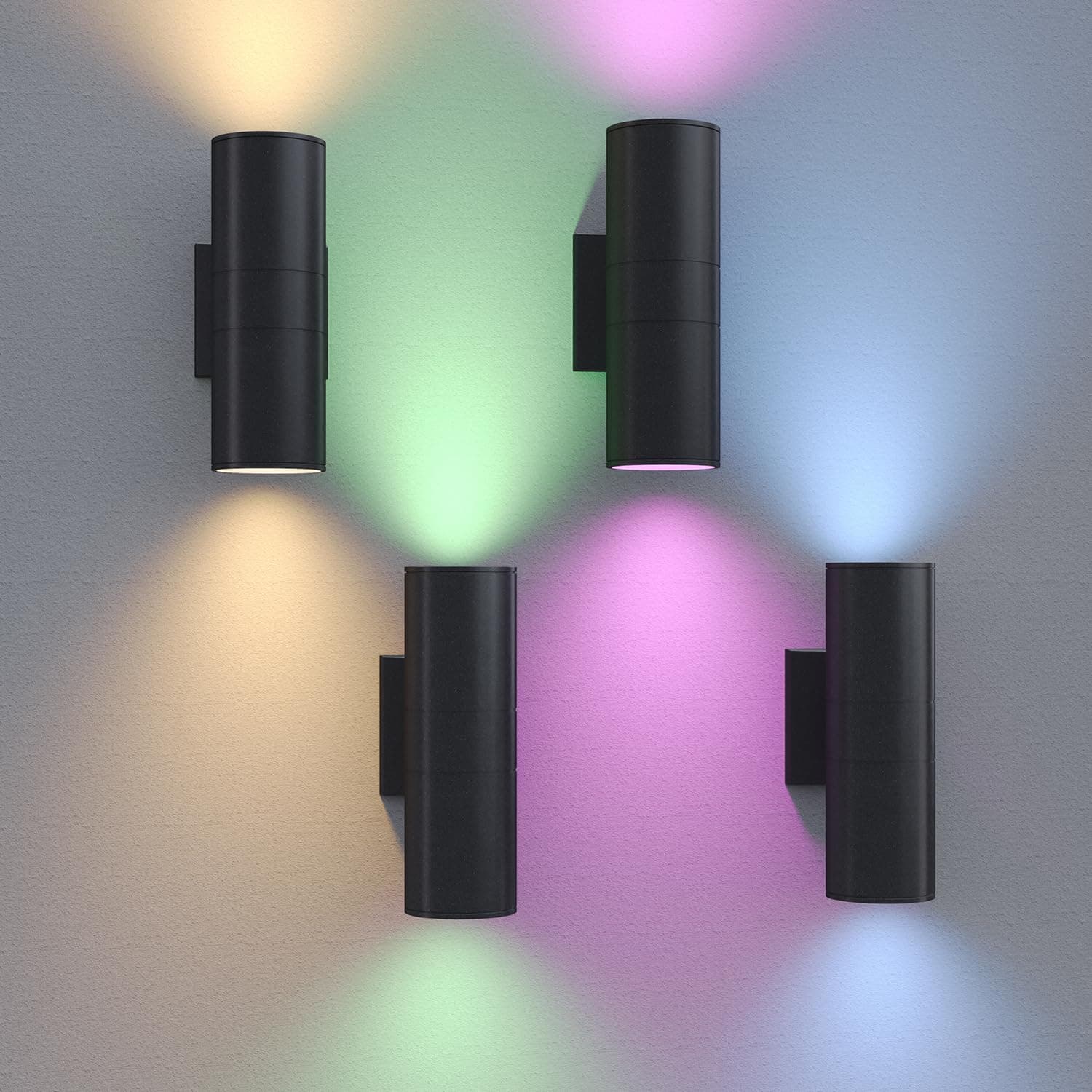 rosykite Exterior Double Up Down Outdoor Wall Lights,Mi.Light Remote Control RGB Color Changing 1000lm Warm White 3000k RGBW Cylinder Outdoor Wall Light,Smart LED Exterior Lighting (4 Pack)