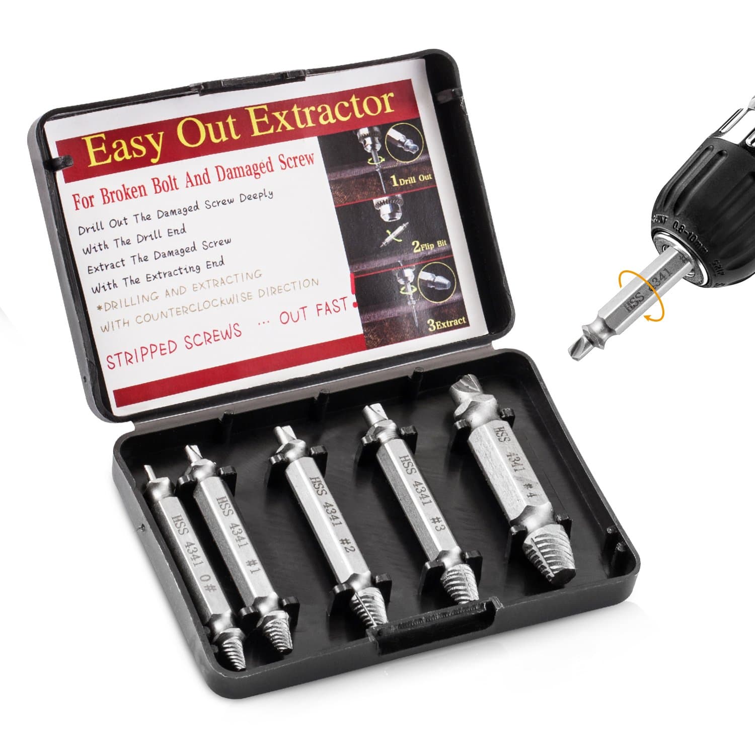 Damaged Screw Extractor Remove Set | Easily Remove Stripped or Damaged Screws | Made from H.S.S. 4341# | The Hardness is 62-63hrc | 5 Piece Kit by CHIMITSU