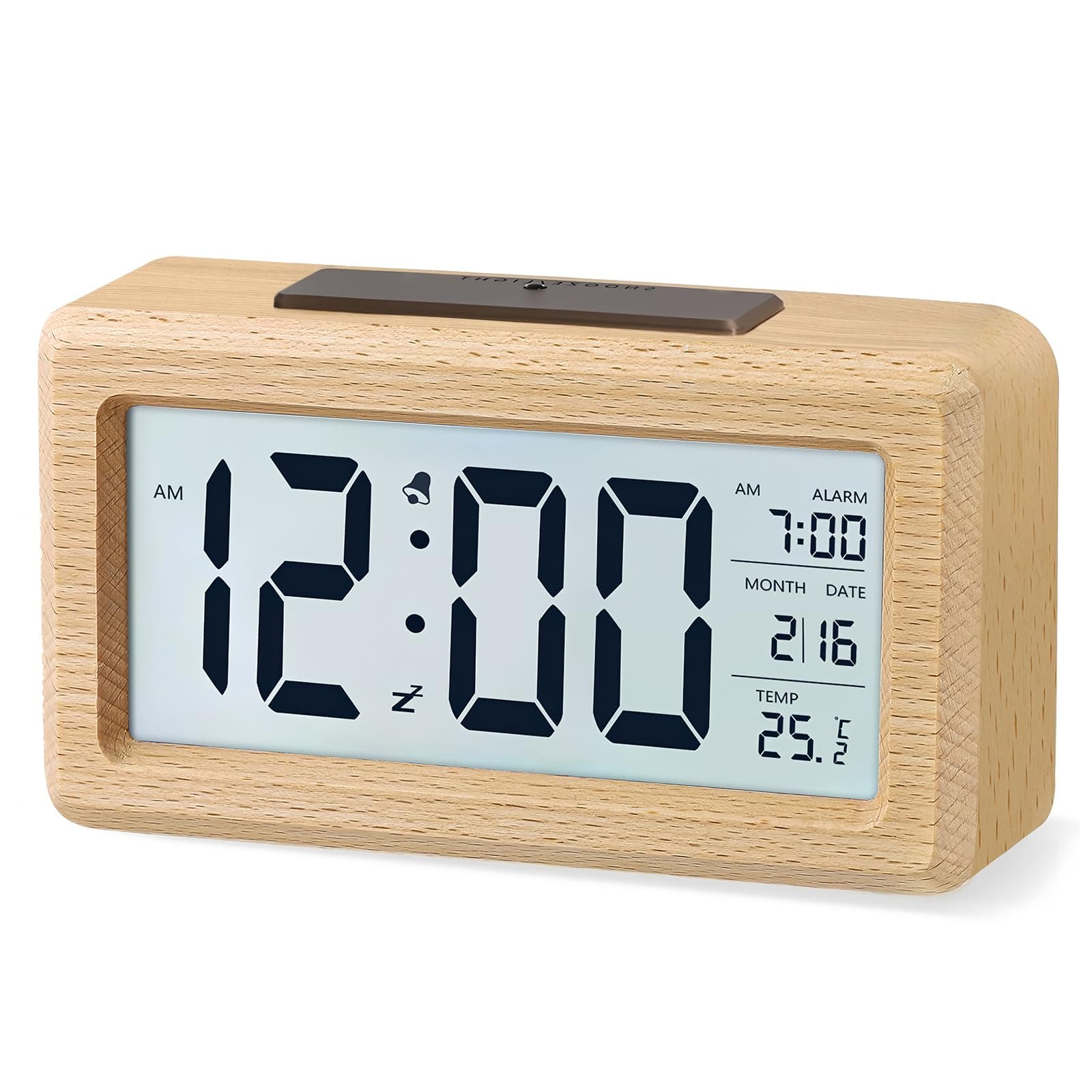 Digital Alarm Clock, Wooden Bedside Clock with Large LCD Backlit Display, Temperature, Snooze Function, Brightness Sensor, 3 AAA Battery Operated【Battery NOT Included】