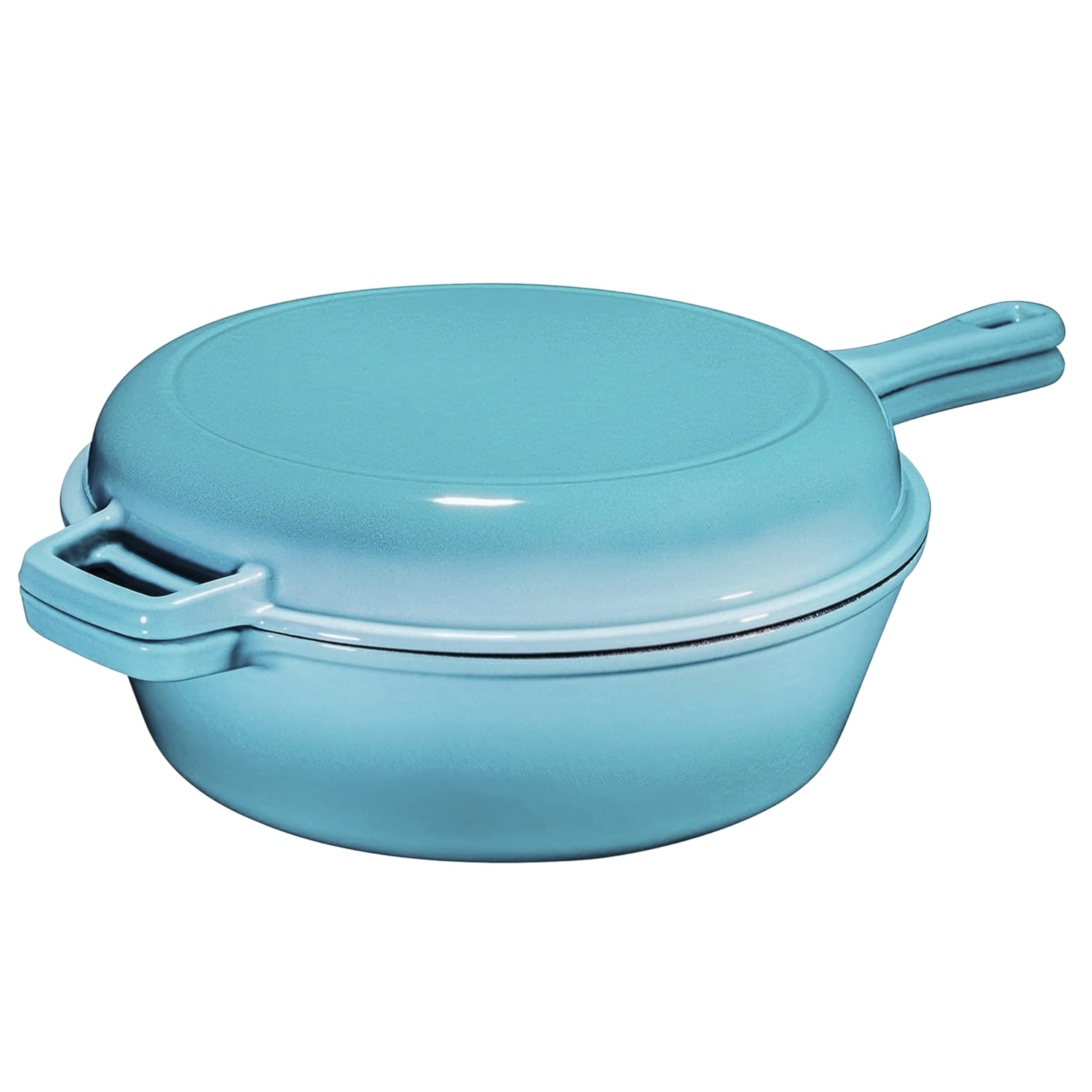 Bruntmor 2-in-1, 3 Quart Enamel Cast Iron Dutch Oven with Handle, 3 Qt Blue Cast Iron Skillet, Enamel All-in-One Cookware Braising Pan for Casserole Dish, Crock Pot Covered with Cast Iron