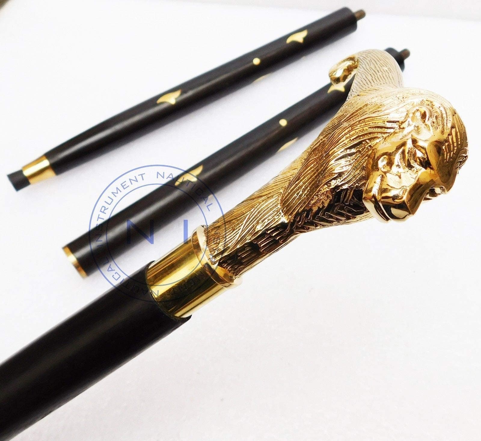 Royal Victorian Export Solid Brass Lion Head Handle Wooden Walking Stick Cane Vintage Designer Handmade