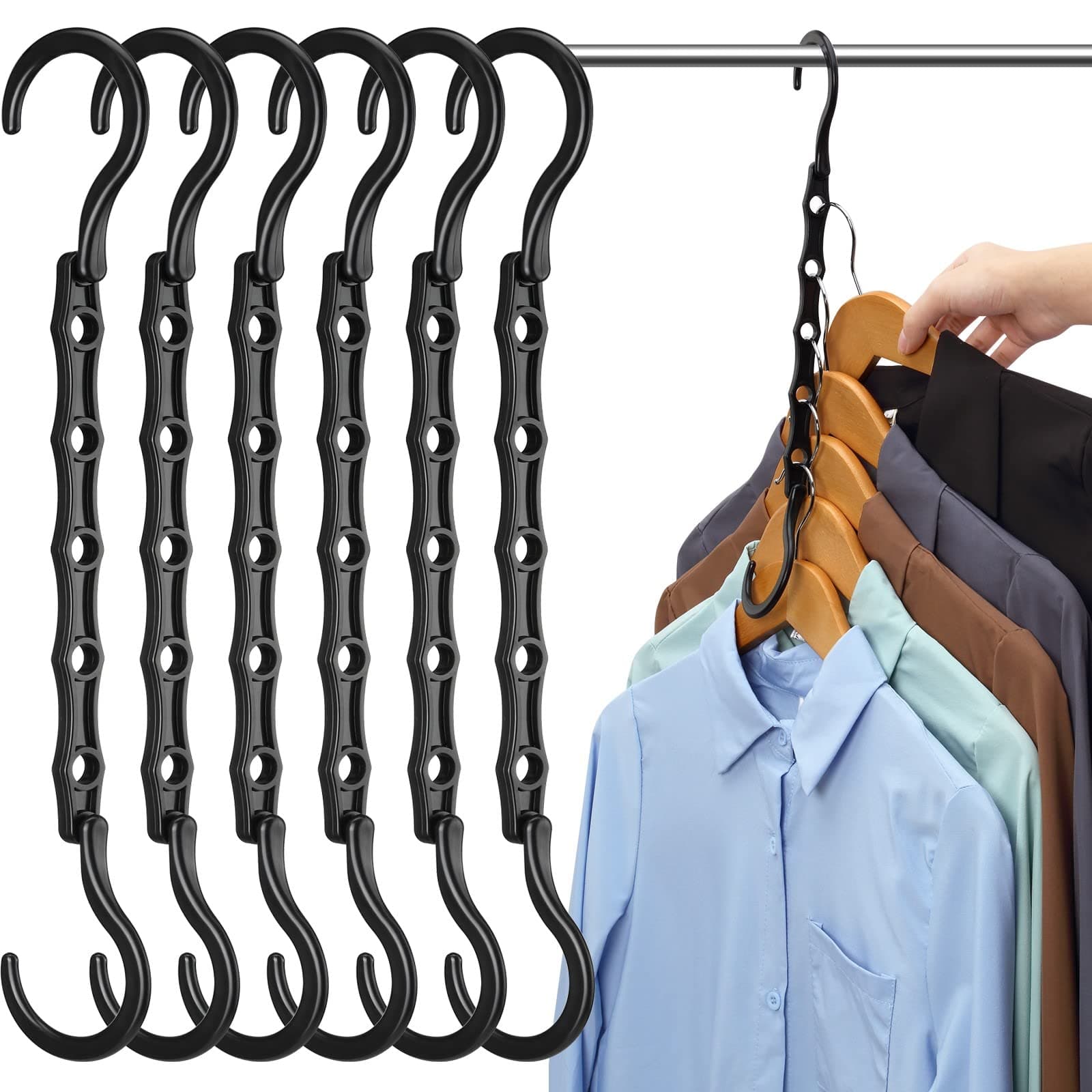 AMKUFO 6 Pack Space Saving Black Plastic Hangers, Magic Hangers for Closet Organization, Ideal for Small Closets, Apartments, Dorms