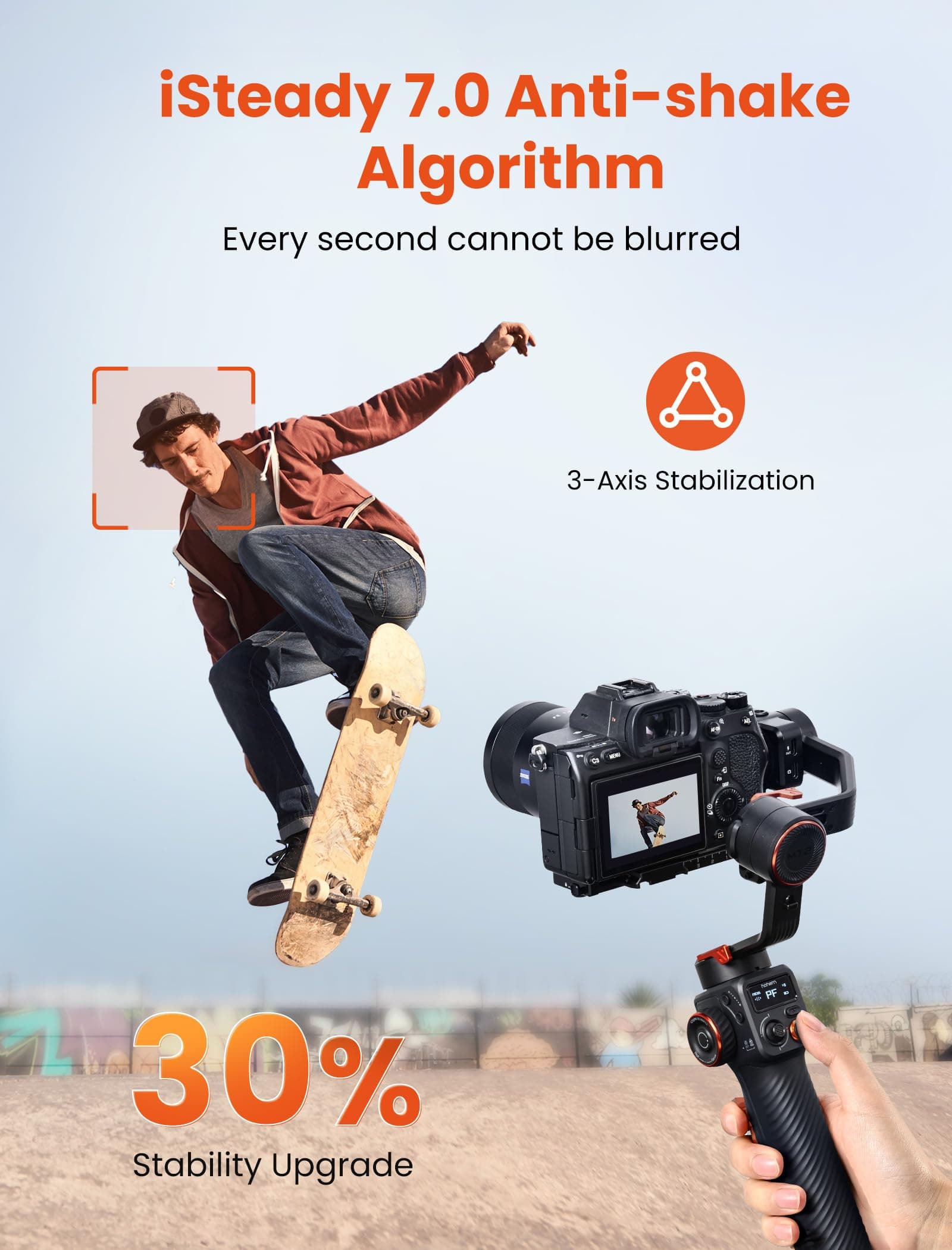 Hohem MT2 Camera Gimbal, 3-Axis Image Stabilizer, For Mirrorless, Pocket Cameras, Action Cameras, Smartphones, Automatic Tracking, Compatible with Canon, Sony, Panasonic, Nikon, Fujifilm, GoPro