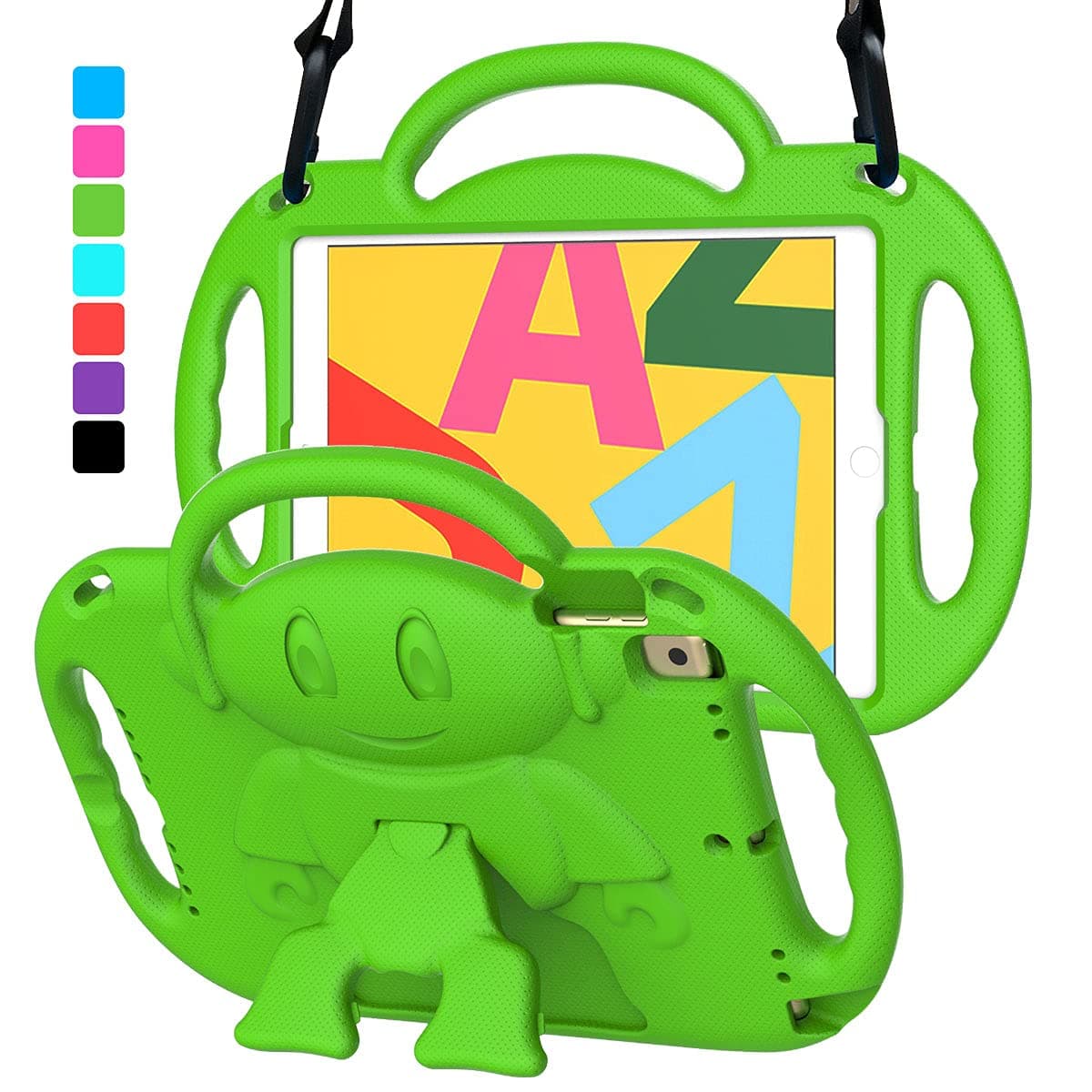 Kids Case for iPad 10.2/10.5, Case for iPad 9th/8th/7th Generation 10.2 inch 2021/2020/2019, for iPad Air 3rd Gen/Pro 10.5 Protective Cover with Shoulder Strap Handle Stand, Green