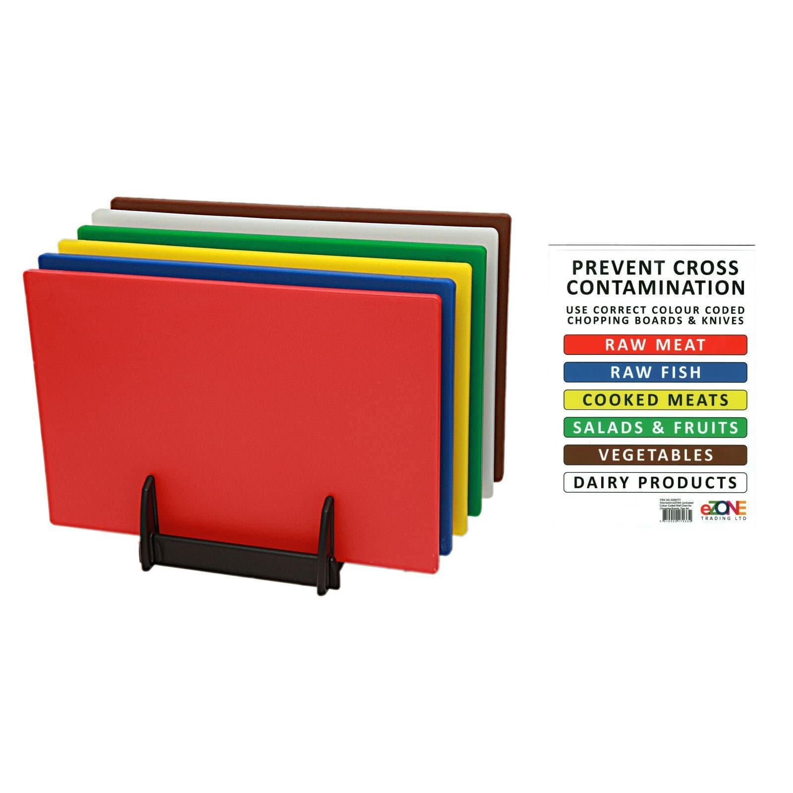 6X Colour Coded Chopping Boards Set with Rack and Wall Chart