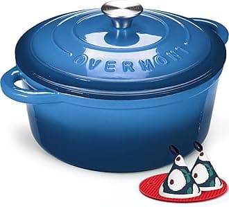 Overmont Enameled Cast Iron Dutch Oven - 4.5QT Pot with Lid Cookbook & Cotton Potholders - Heavy-Duty Cookware for Braising, Stews, Roasting, Bread Baking blue
