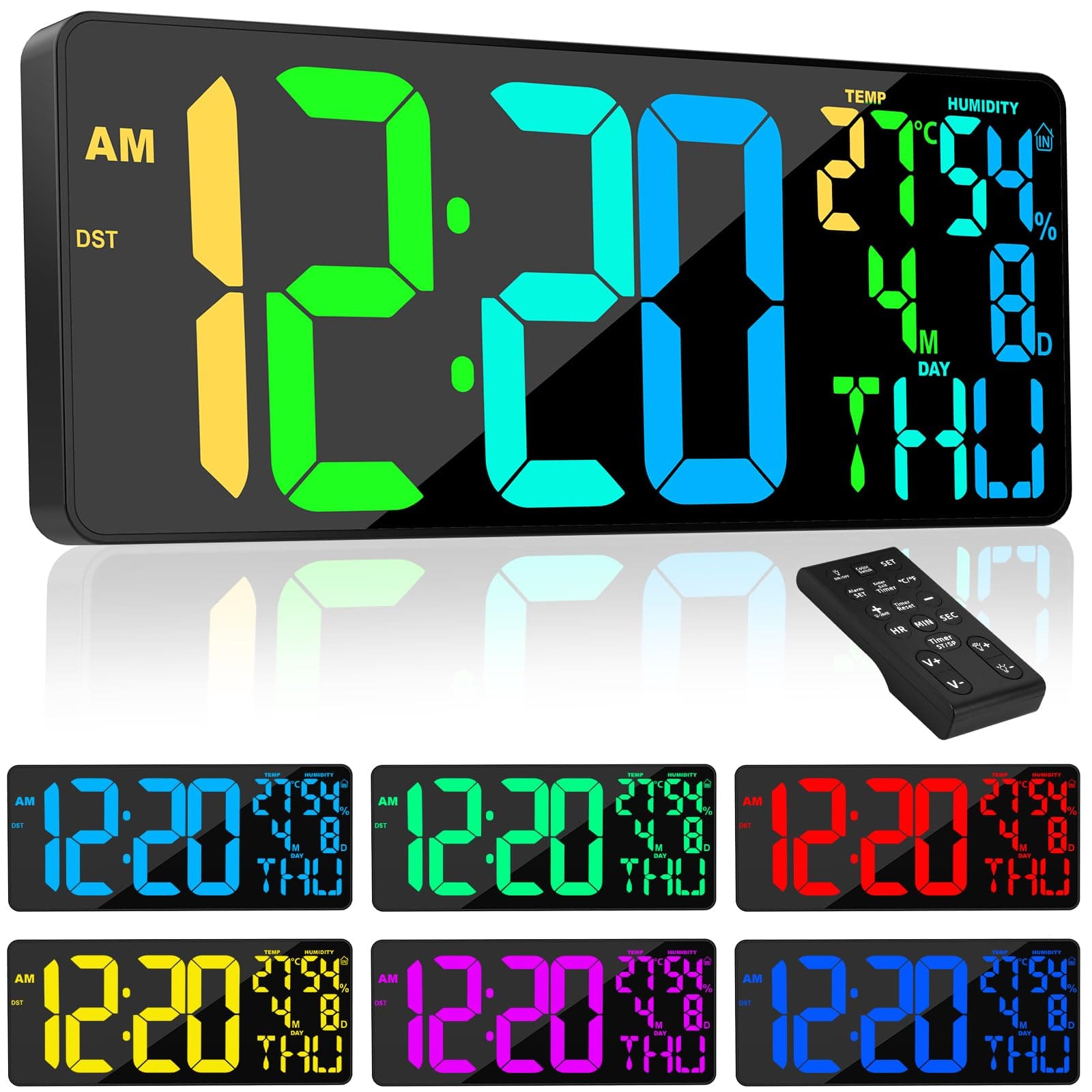 [Oversized] 18" Digital Wall Clock Large Display, 11 RGB Color Changing Large Digital Wall Clock with Remote, Date, DST, Temperature, Auto Brightness Digital Alarm Clock for All Large Spaces Use, Gift