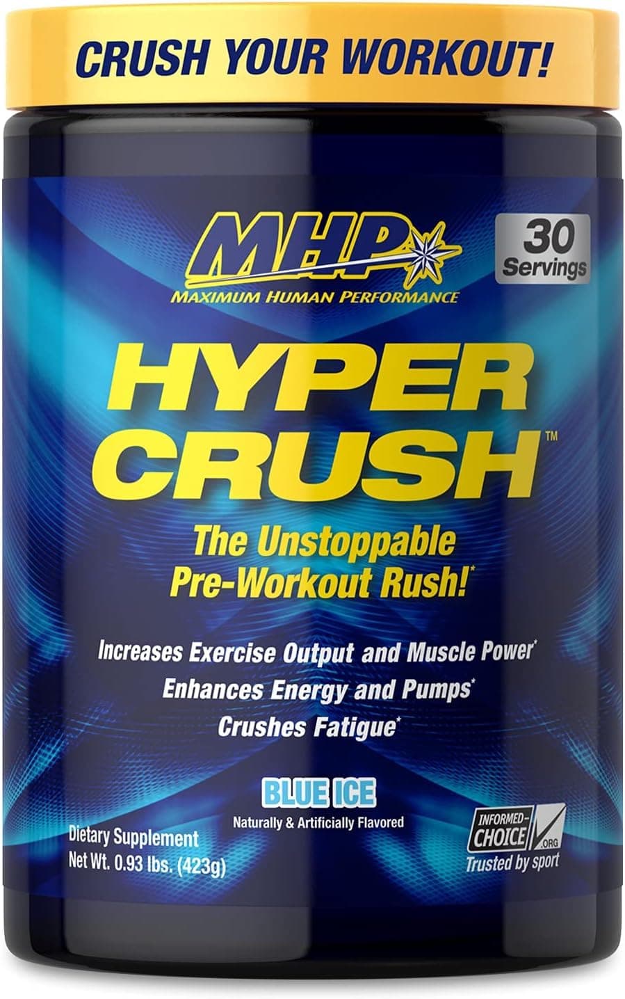 Maximum Human Performance MHP HYPER CRUSH Pre Workout energy drink, creatine, beta alanine, nitric oxide pump, citrulline, AKG, Blue Ice, 30 Servings