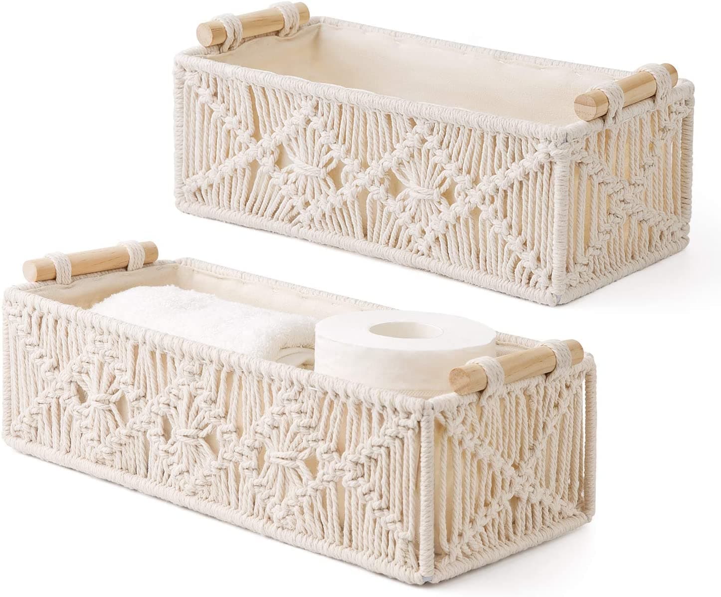 coclux Storage Baskets Boho Decor Box Handmade Woven Decorative Countertop Toilet Tank Shelf Cabinet Organizer for Bedroom Nursery Livingroom Home, Set of 2, Ivory (Ivory)