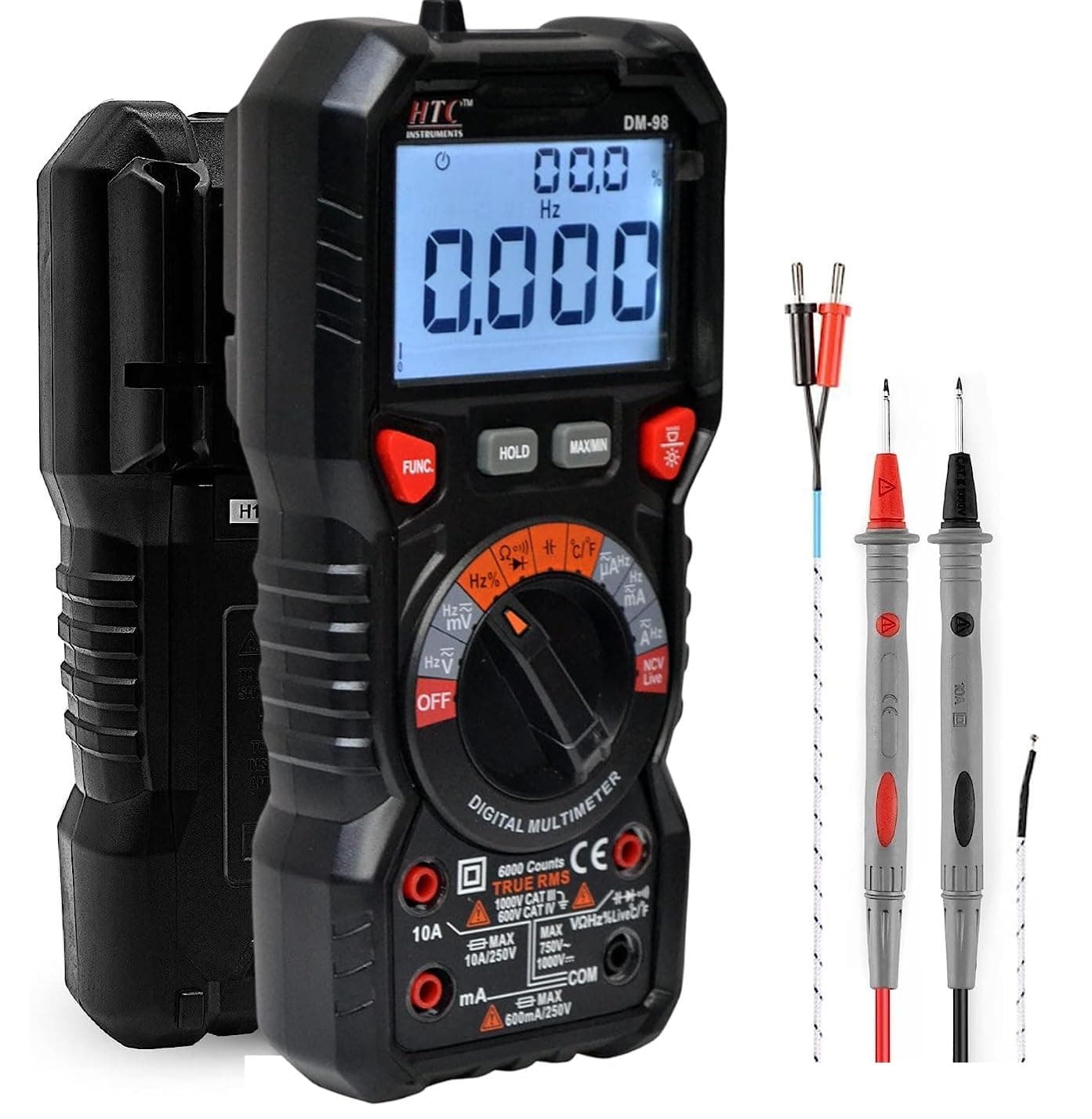HTC-DM-98 Digital Multimeter TRMS 6000 Counts Ohmmeter Auto-Ranging Fast Accurately Measures Voltage Current Amp Resistance Diodes Continuity Duty-Cycle Capacitance Temperature (Battrey Included)