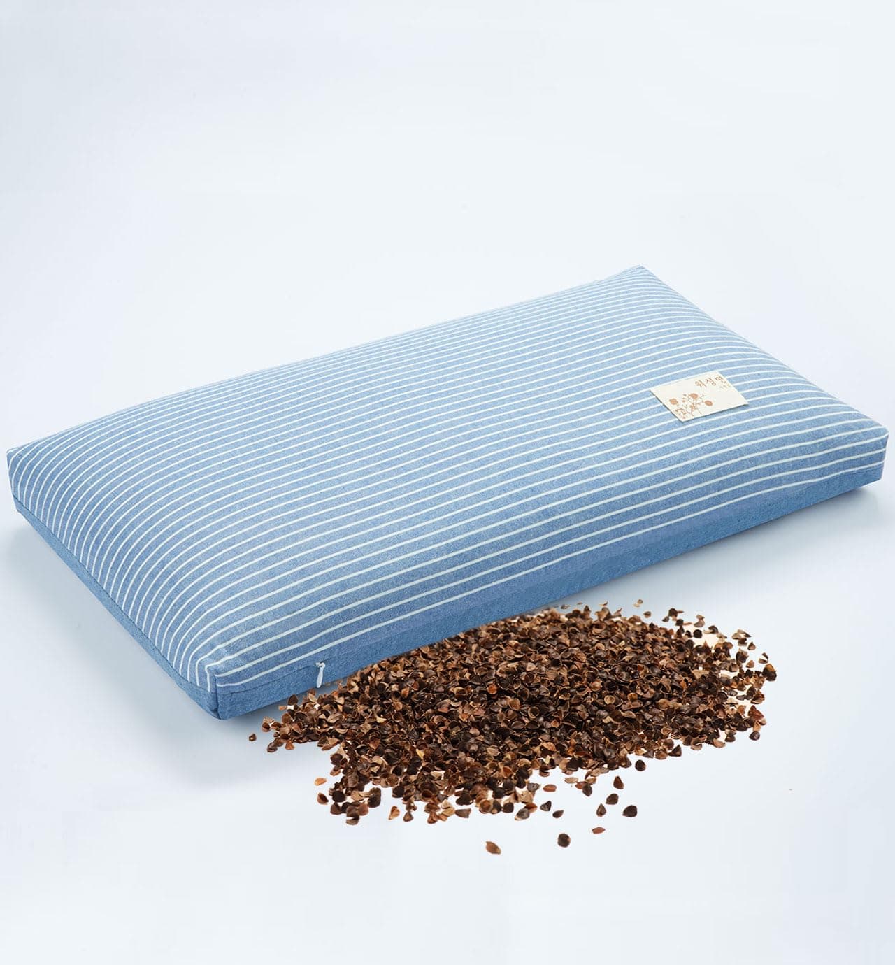 Buckwheat Pillows for Sleeping, Adjustable Hulls Firm Pillow Neck Head Back Shoulder Support for Pain Relief, Small Bed Pillow for Side Back Sleepers, Blue 19"X11"