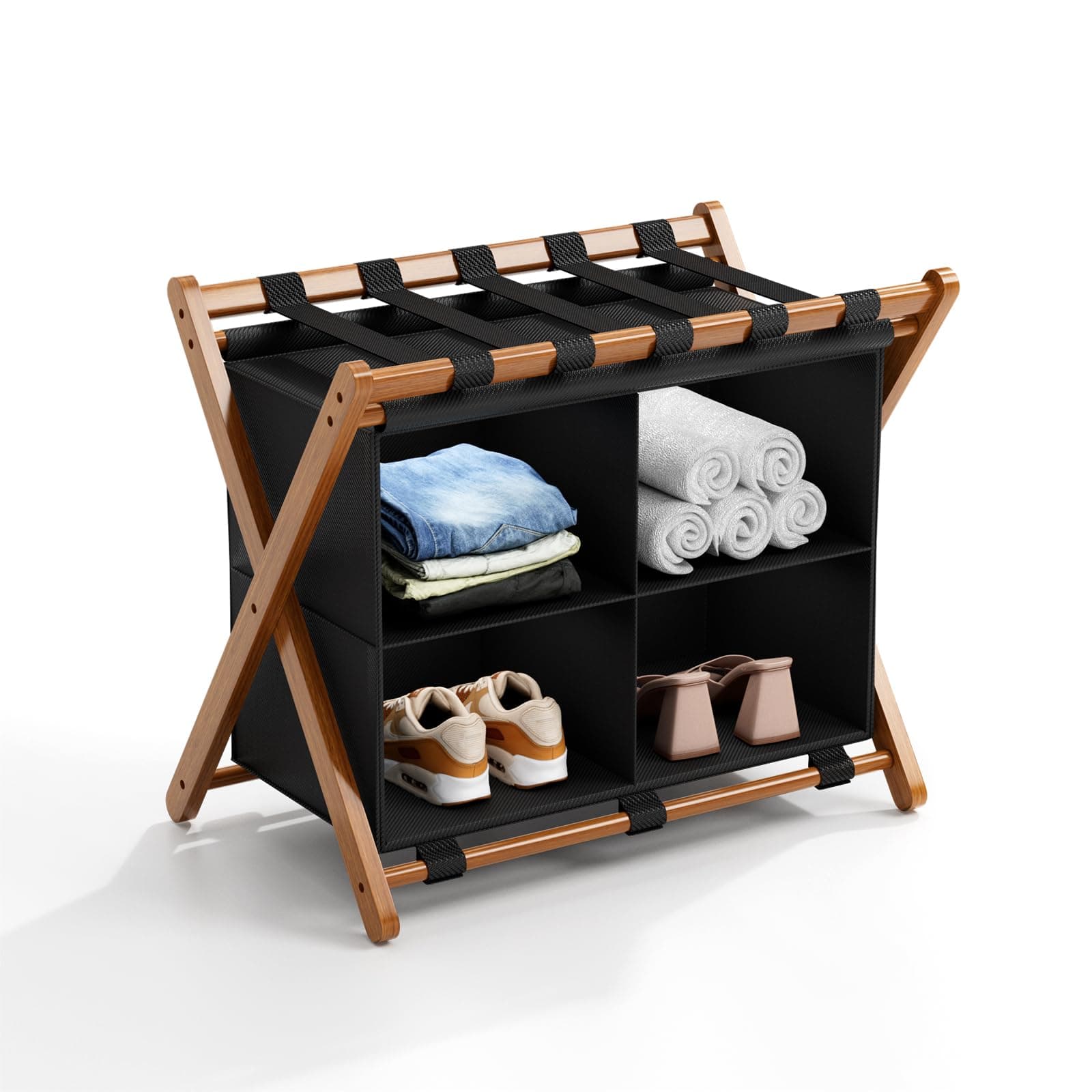 Bamboo Luggage Rack with 4 Storage Compartments, Foldable Suitcase Stand for Guest Room, 150lbs Capacity, Sturdy, Space-Saving and Easy to Assemble Organizer