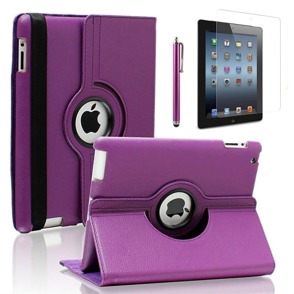 Case-online For Apple iPad 2/3/4 Luxury Pu Leather Flip Folio Stand Rotating Magnetic Cover Smart Case+Stylus+Protector - Purple