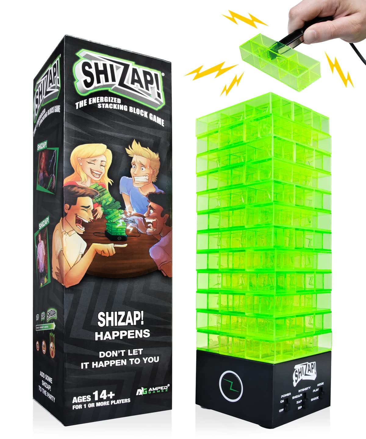 ShiZap! - Electric Shock Stacking Block Game, Plastic Tumble Tower Blocks, Shocking Tweezers, LED Base That Plays Suspenseful Music, Family Fun Party Games for Teenage Boys, Girls, Adults