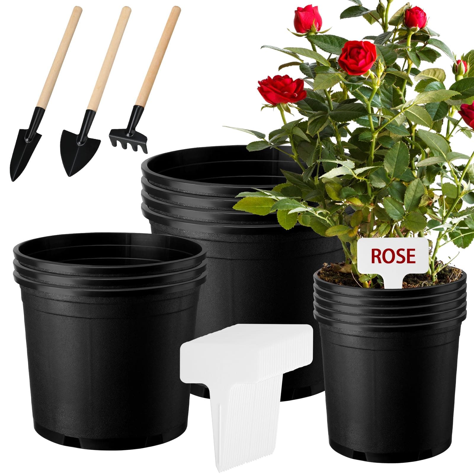 Maxcheck27 Pcs Gardening Set Includes 3 Pcs Gardening Tools 12 Pcs 5 3 2 Gallon Plastic Nursery Pots Round Flower Pots 12 Pcs Plant Remark Name Sign for Garden Plants Flowers, Succulents, Seedlings