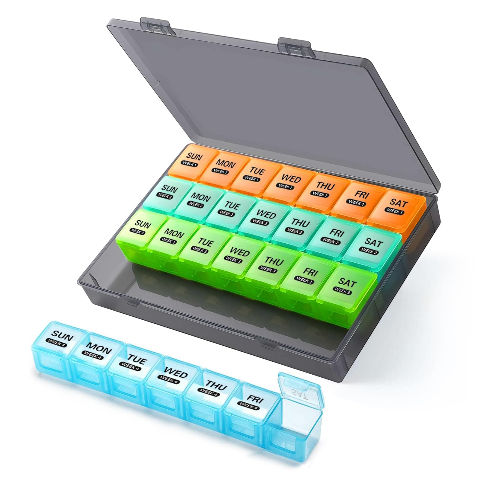 GOTRUST Pill Box Month 28 Days Pill Box, 4 Weeks Medicine Box 7 Days 1 Compartment, Travel Pill Box Large Compartments, Monthly Tablet Organiser for Vitamins, Fish Oils, Medicines