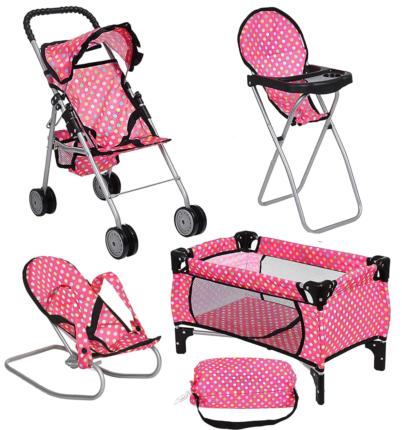Doll Play Set 4 In 1 Pack N Play. 2 Stroller 3.Doll High Chair. 4.Infant Seat Fits Up To 18''