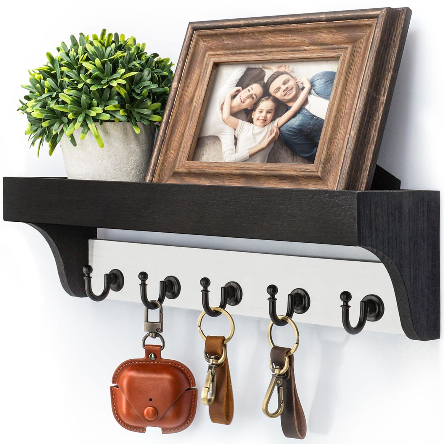 Rebee Vision Key Holder Wall Mount with Shelf - Decorative 2-Color Key Rack with 5 Rustic Key Hooks and Primitive Wood Mail Organizer Wall Mount - Modern Farmhouse Entryway Decor (Black & White)