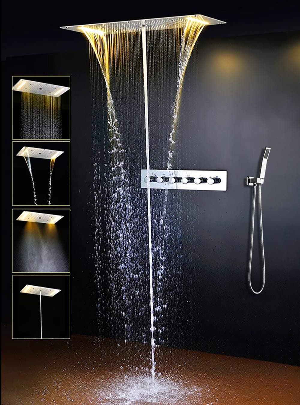 Cascada Luxury 15"x28" Rectangle Ceiling Mounted LED Thermostatic System with Multi Function Shower head (Rainfall+Rain Curtain+SPA Misting+Massage), Polished Stainless Steel
