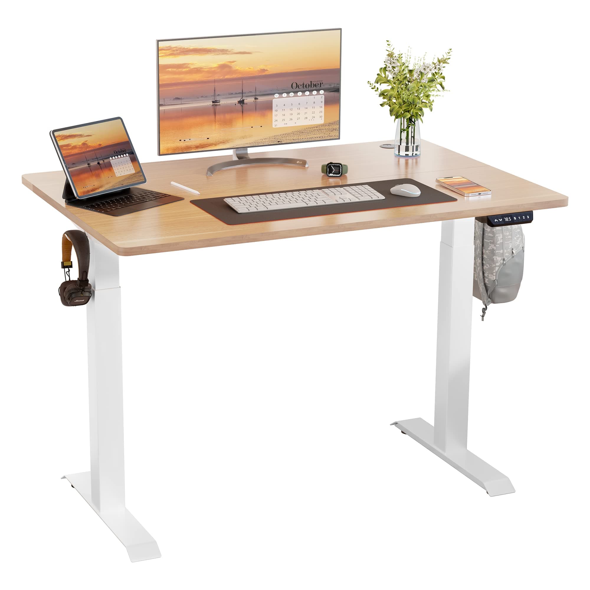 Meilocar Height Adjustable Electric Standing Desk, Sit Stand Computer Desk w/Memory Controller, Home Office Workstation Stand up Desk with Splice Board, 48" x 24" Tabletop (Walnut Top + White Frame)