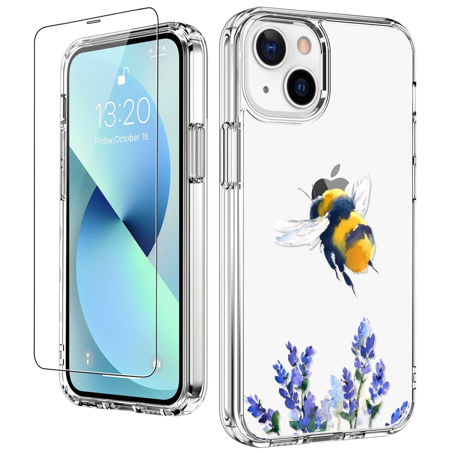LUHOURILUHOURI iPhone 13 Case with Screen Protector,Clear Acrylic Cover with Fashion Cute Designs for Women Girls,Slim Fit Durable Protective Phone Case for iPhone 13 6.1" Lavender and Bee