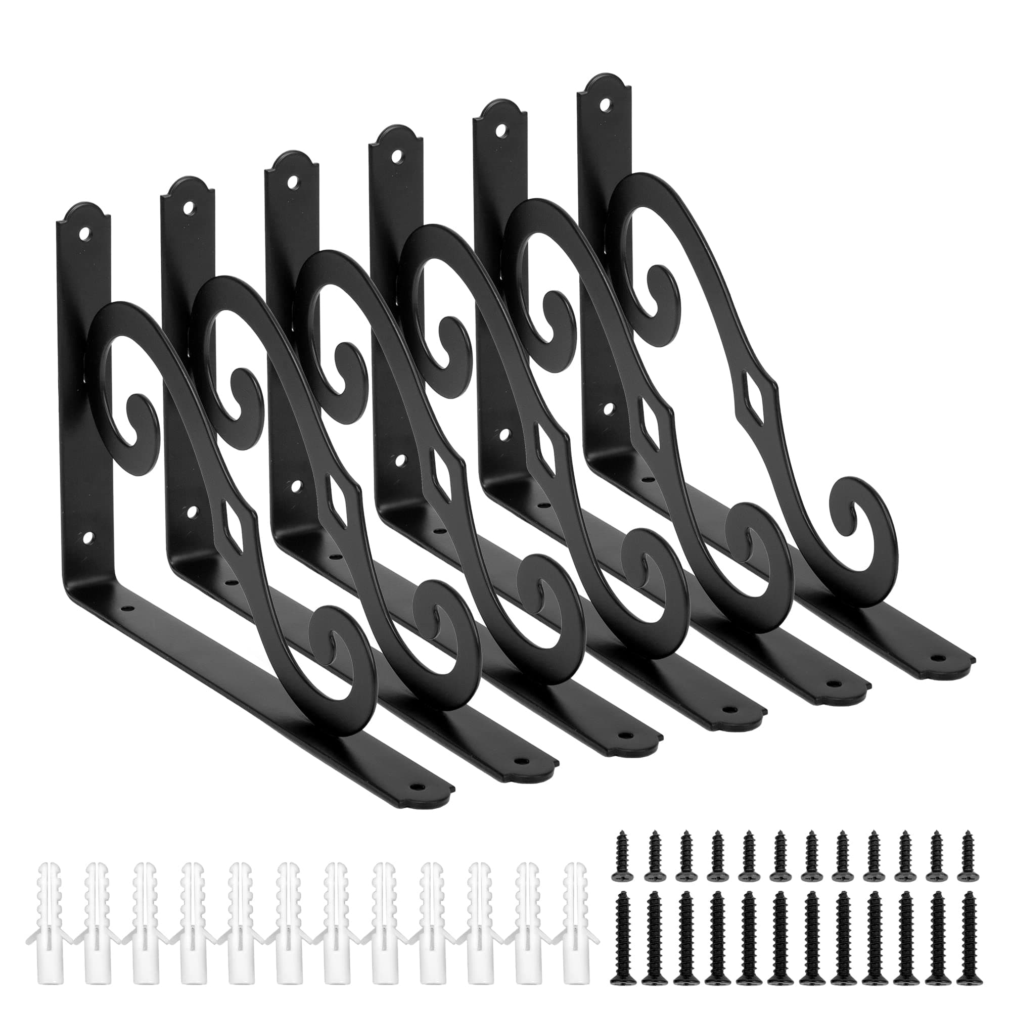 ICOOL6 Pack 10 Inch Decorative Shelf Bracket, Heavy Duty DIY Wall Floating Shelf Brackets for Home Warehouse Garage Farm, L Shape Rustic Iron Shelf Supports with Screws