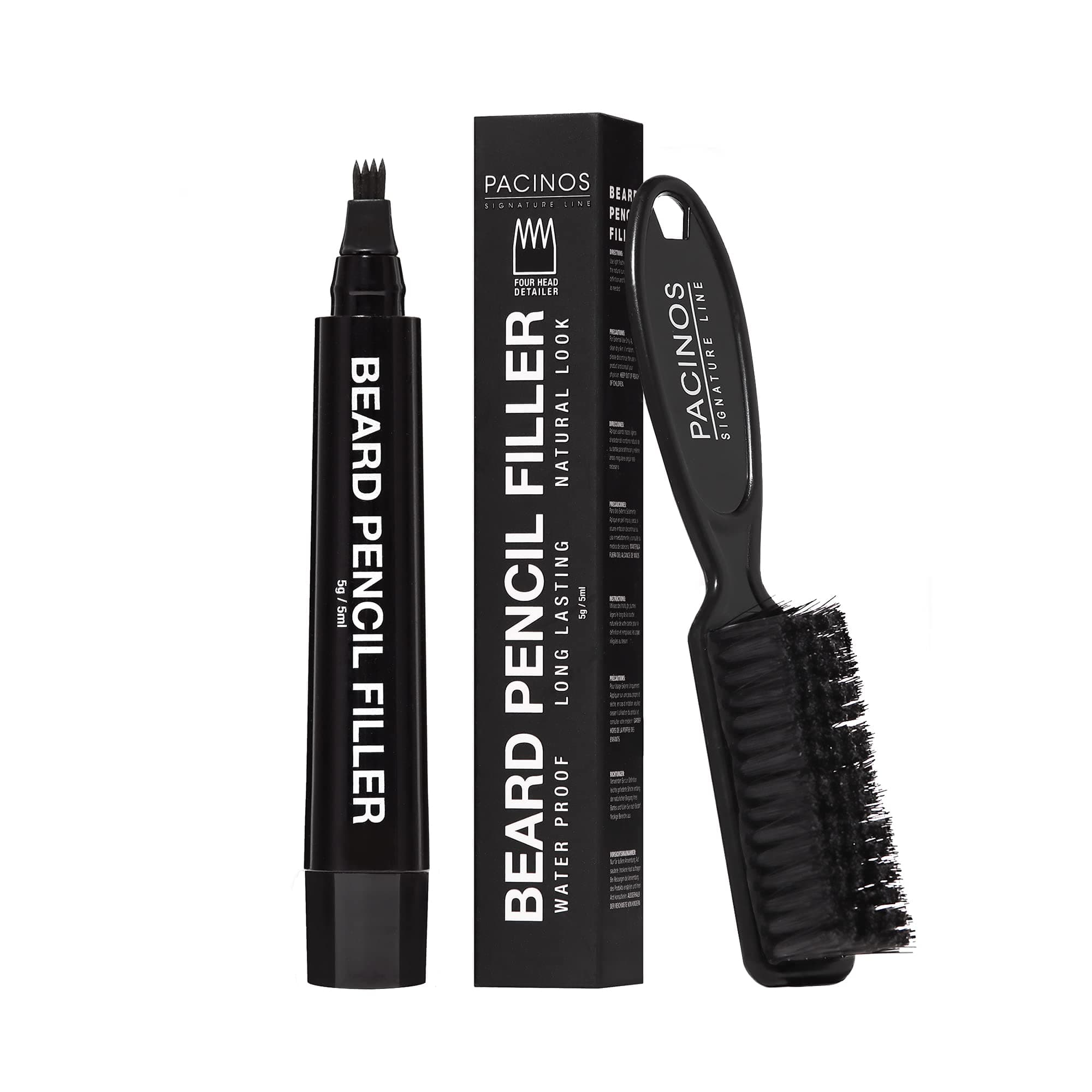 Pacinos Beard Pencil Filler - Water Proof, Long Lasting Coverage & Natural Finish - Beard, Moustache & Eyebrows - Micro-Fork Tip for Seamless Application - Includes Bristle Brush for Blending (Black)