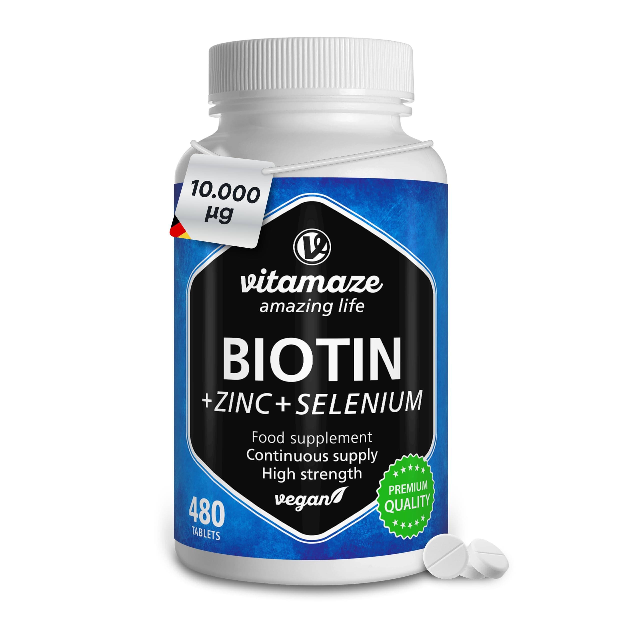 Biotin 10.000 mcg 480 Tablets (+1 Year Supply) with Selenium + Zinc, Hair Growth, Skin and Nails Nourishment, Vegan Easy to Swallow Tablets, German Quality, Vitamaze®