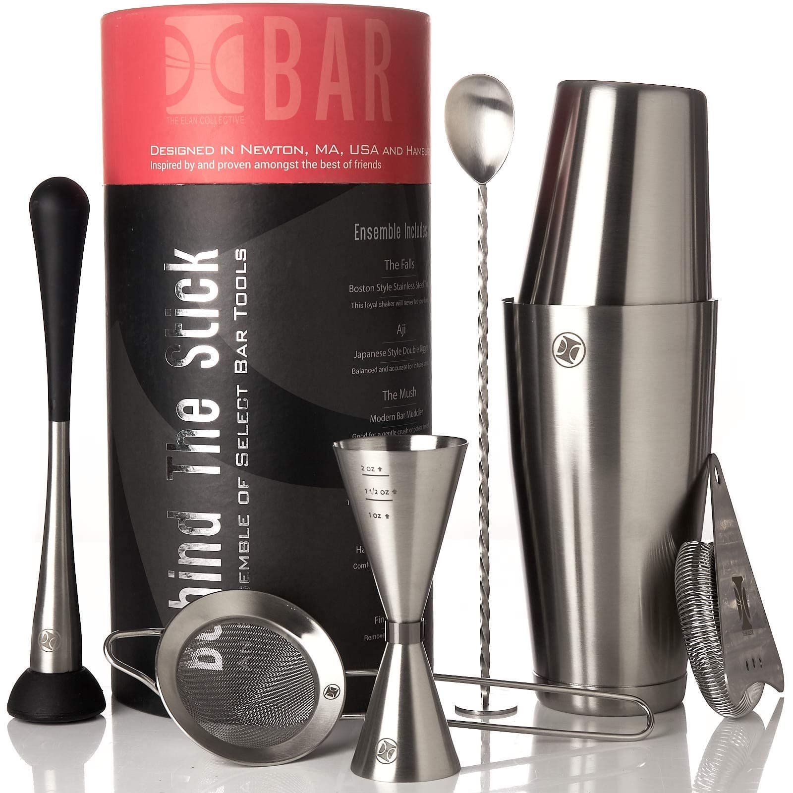 Boston Cocktail Shaker Set I Bar tools, 7 Piece Barware Kit - 2 Piece Boston Shaker, Jigger, Bar Spoon, Hawthorne & Citrus Strainers, Muddler in Brushed Stainless Steel by The Elan Collective