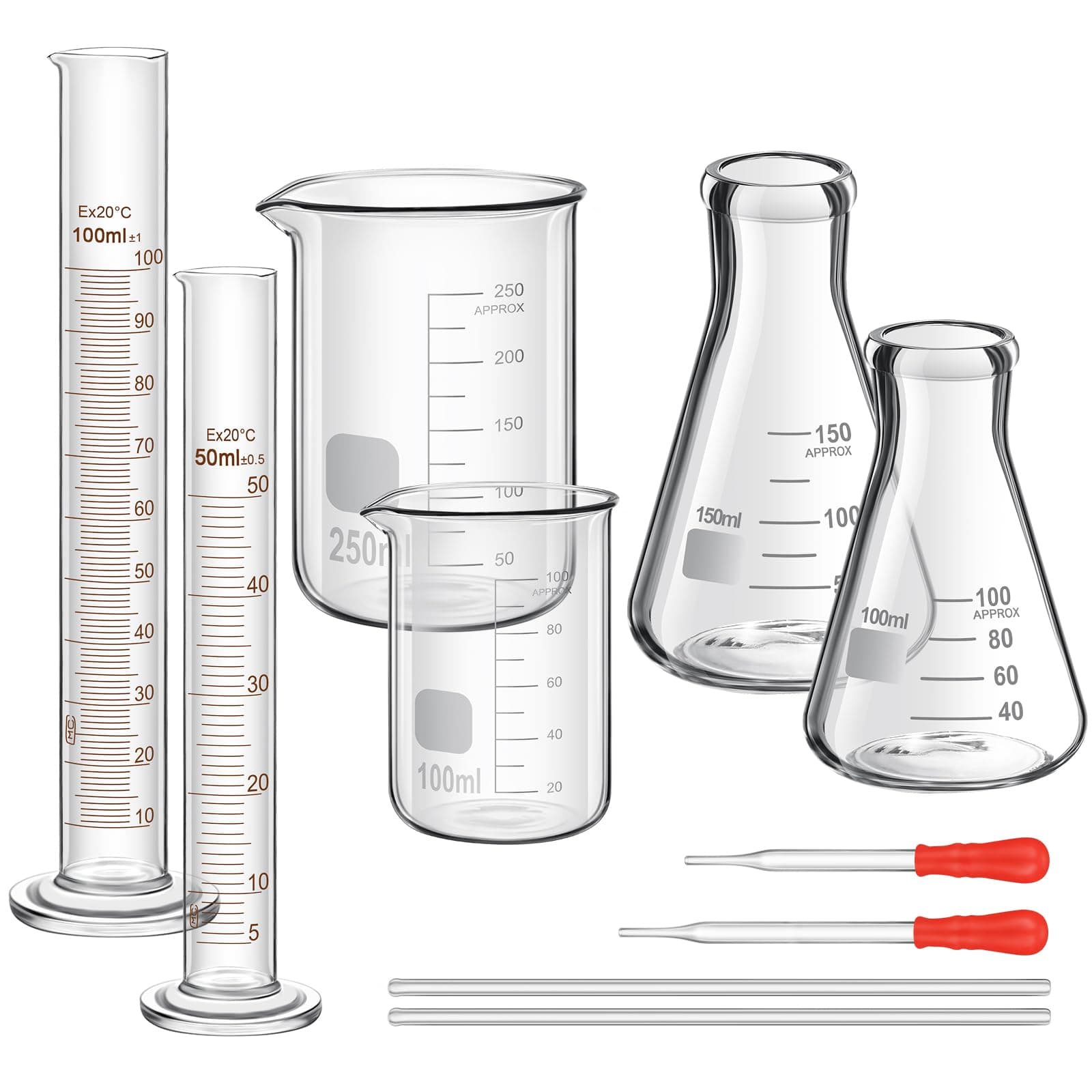 Frienda 100/250ml Lab Glassware Include Graduated Cylinder, Glass Beaker Set, Glass Dropper, Stirring Rod, Measuring Cups for Laboratory Science Chemistry Supplies (10 Pcs)