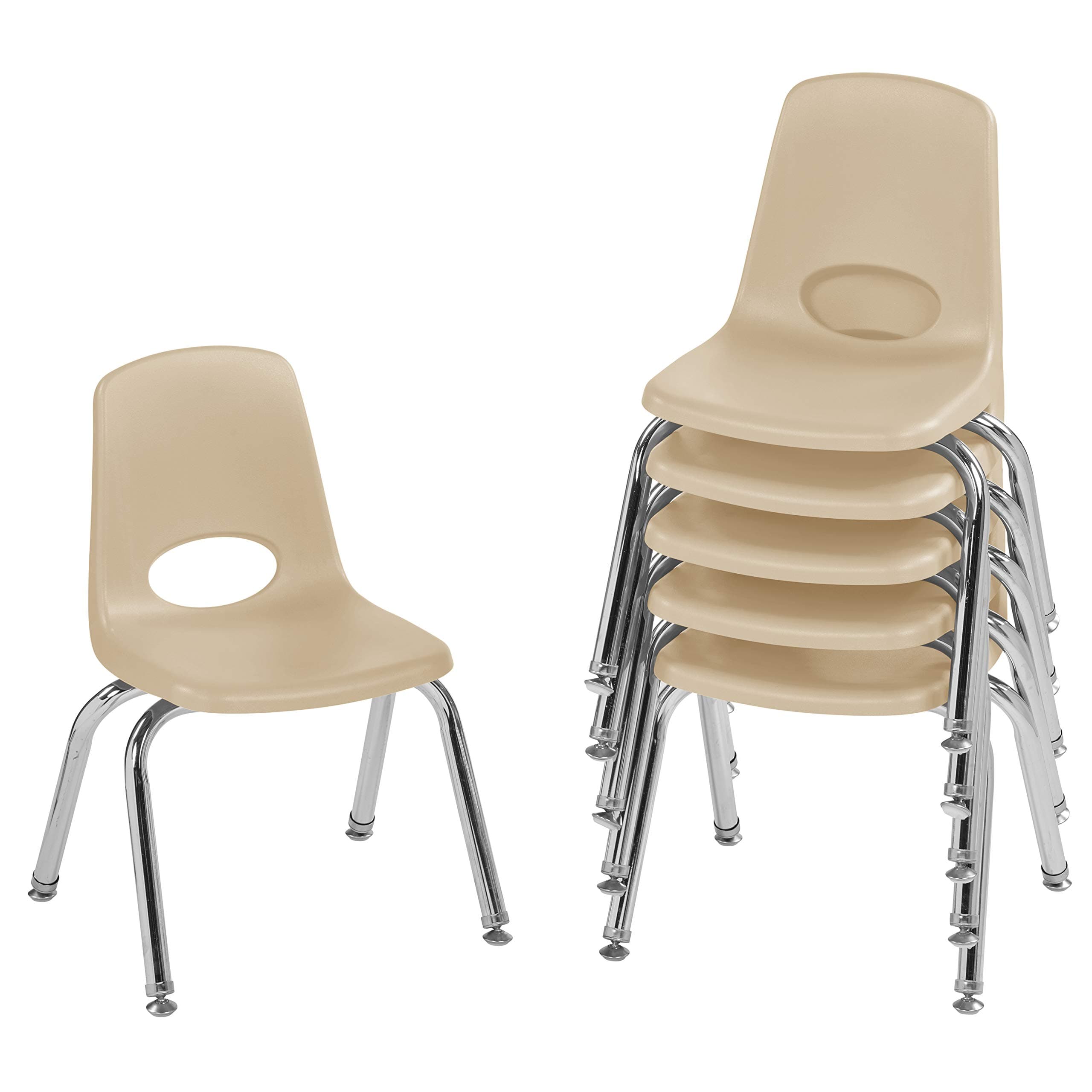 FDP 12" School Stack Chair, Stacking Student Chairs with Chromed Steel Legs and Nylon Swivel Glides - Sand (6-Pack)