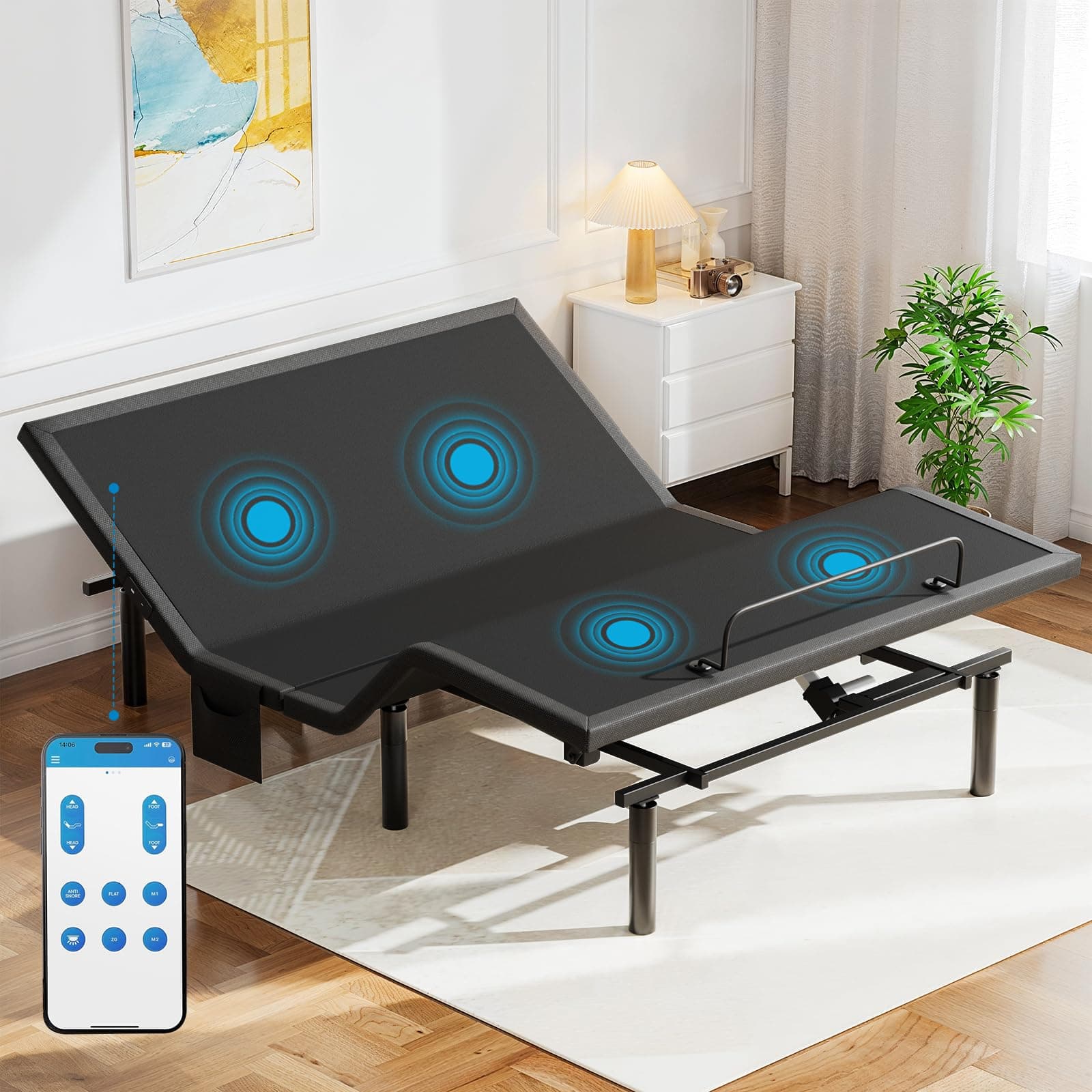 Queen Adjustable Bed Frame with Massage, Electric Bed Base with App-Controlled, Head & Foot Incline, 4 USB Ports, LED Under-Bed Lighting, 4 Leg Height Options, and Easy 3-Step Assembly