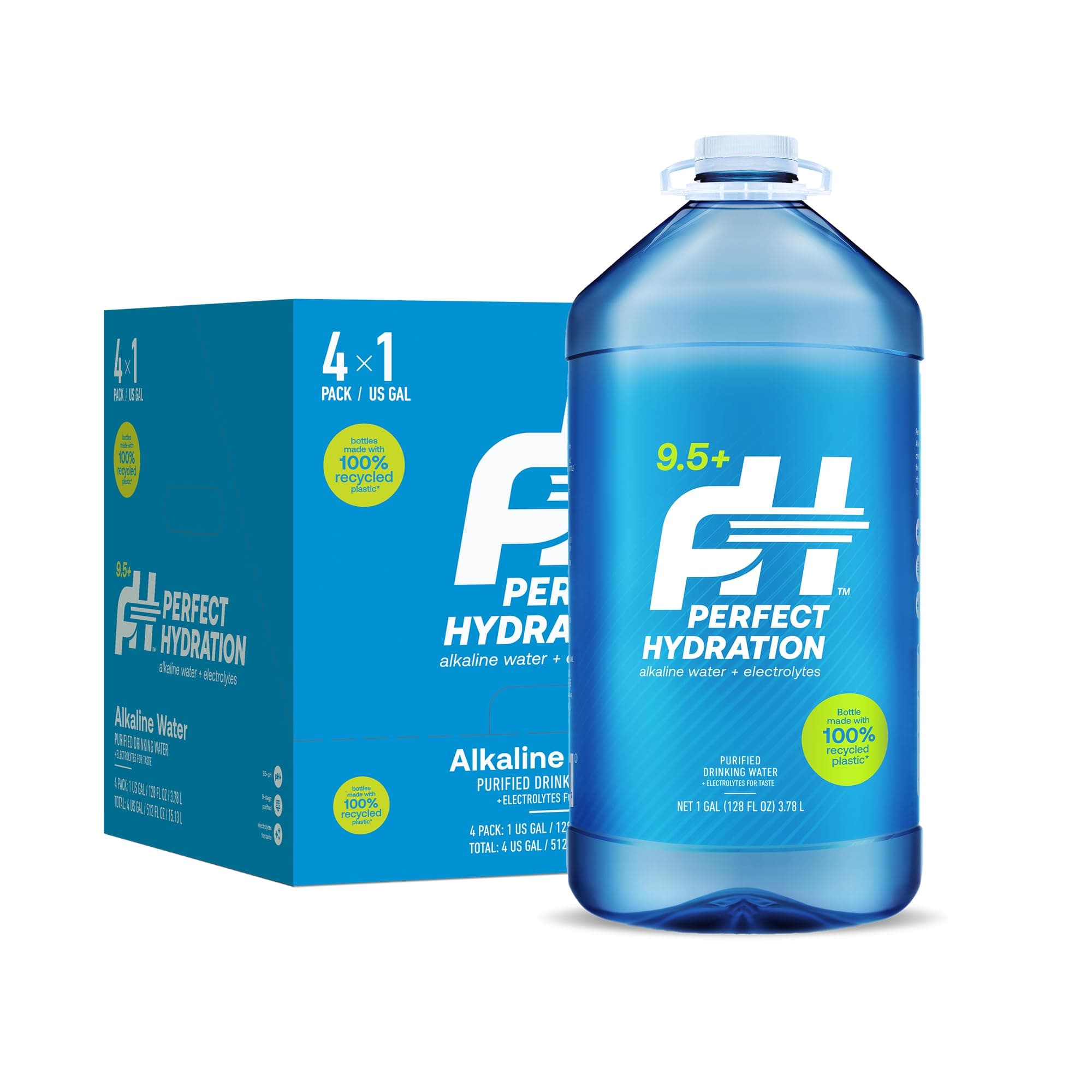 Perfect Hydration 9.5+ pH Alkaline Drinking Water, Electrolyte Minerals for Taste, Made in the USA, 1 Gallon (128 fl oz) Jug, Case of 4