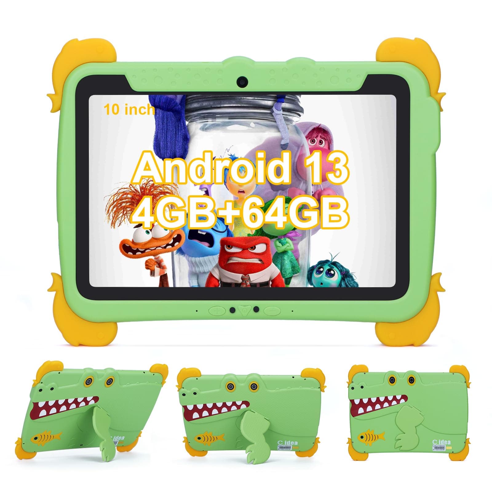 C idea Kids Tablet,10.1 inch Children Tablets With Android 13, 4GB RAM 64GB ROM (1TB TF),1280 * 800 FHD Large Screen,6000mAh Battery,Support 5G/2.4G WiFi(Green)