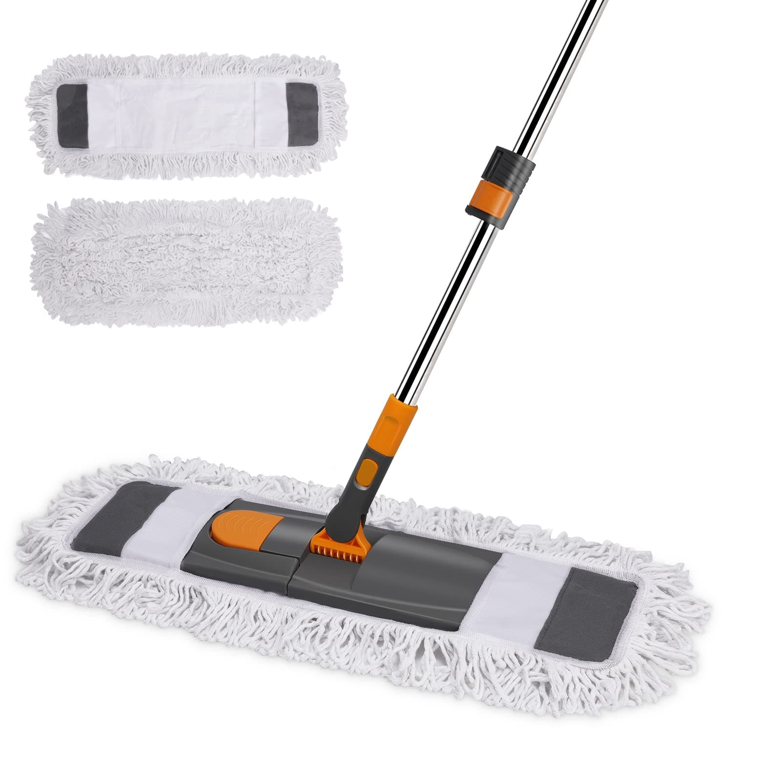 Microfiber Floor Mop, 26.4'' Wet and Dry, Height Adjustable Handle, 360° Rotation, 2 Washable Pads, White and Orange, Hardwood, Laminate, Tile, Marble Floor