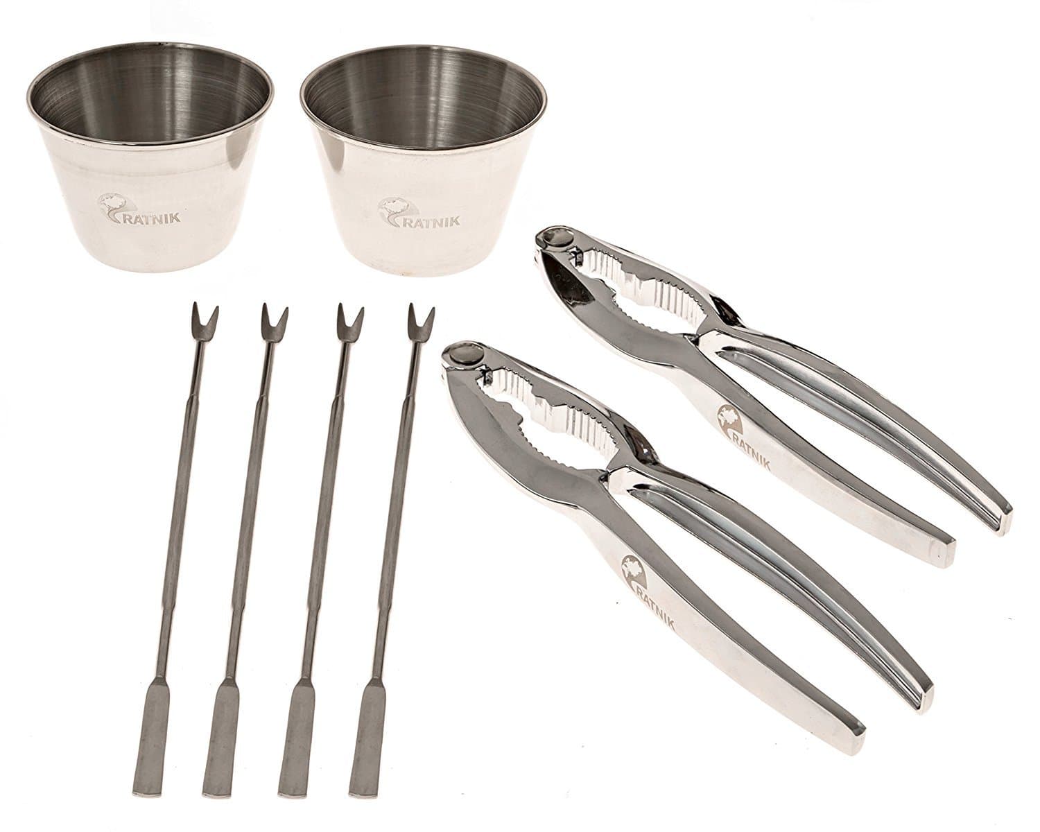 RATNIK 8 Piece Seafood Tool Set: Includes 2 Lobster Crackers or Seafood Cracker or Nut Crackers, 4 Lobster Forks, Lobster Picks or Seafood Forks, and 2 Sauce Cups. Best Crab Cracker Set