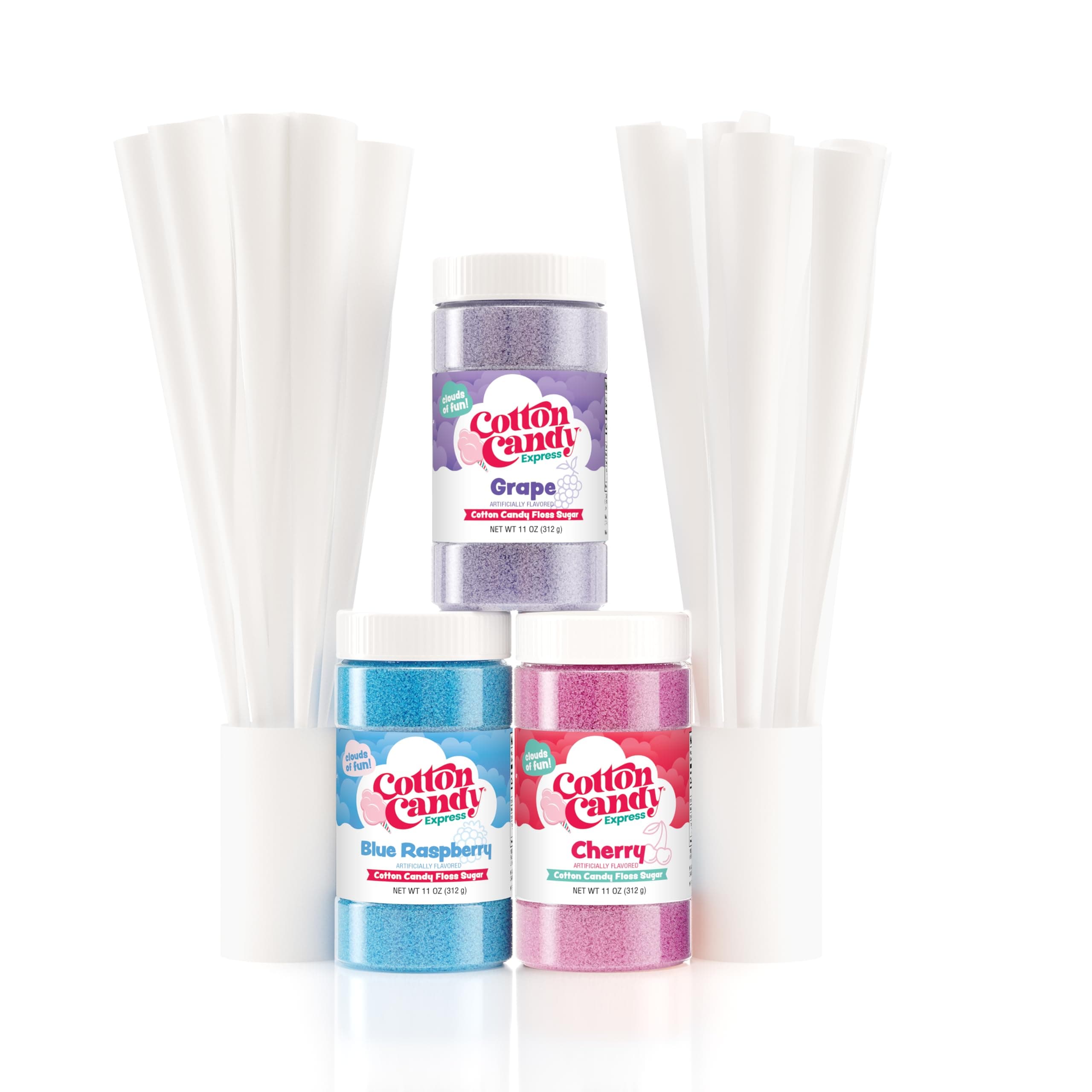 - Cotton Candy Express Floss Sugar Variety Pack with 3 - 11oz Plastic Jars of Cherry, Blue Raspberry & Grape Flossing Sugars Plus 50 Paper Cotton Candy Cones