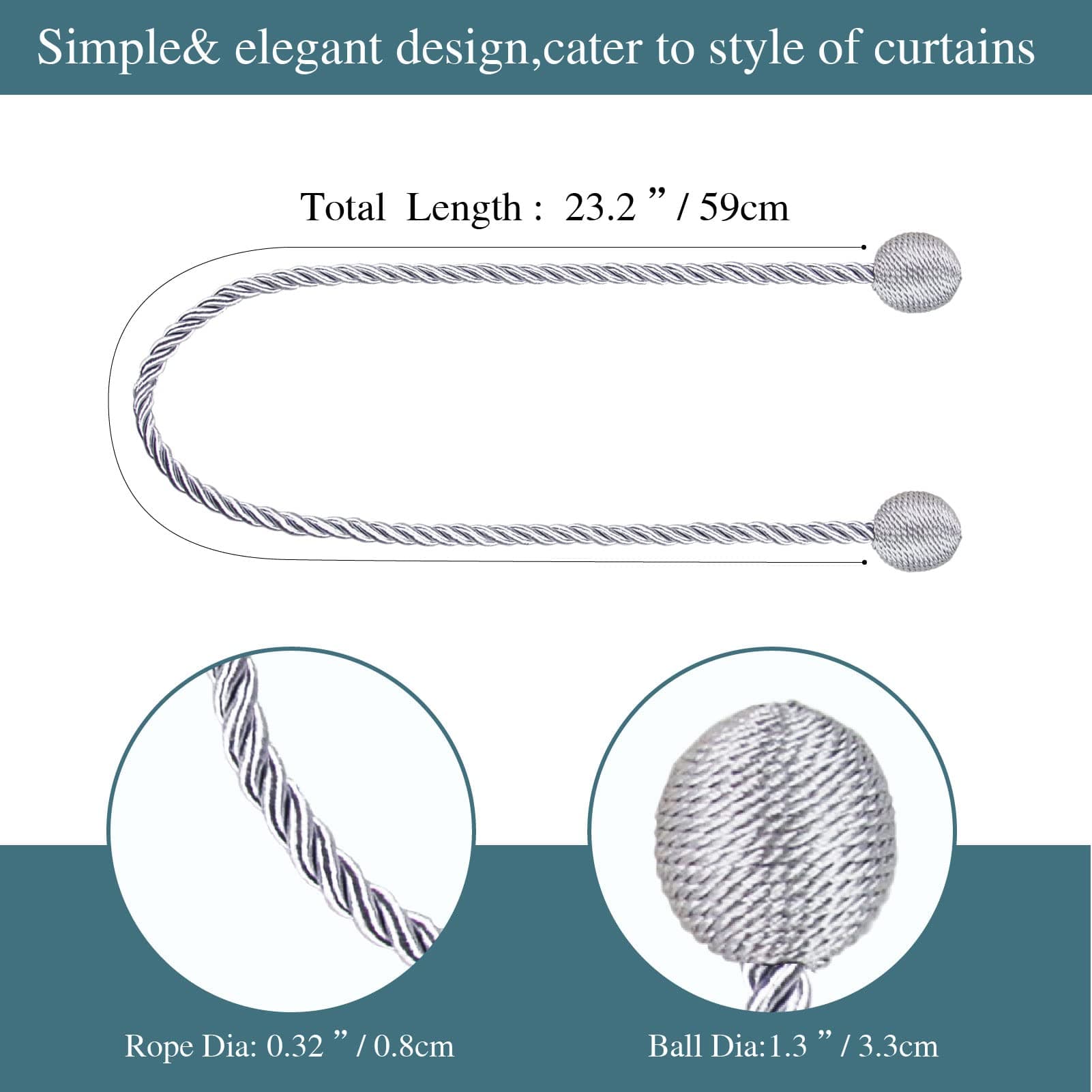 Hangtty 2 Pack Curtain Tiebacks Elegant Decorative Curtain Tie Backs Rope Curtain Holders for Drapes Window Treatment Holdbacks for Drapes or Curtains, Grey