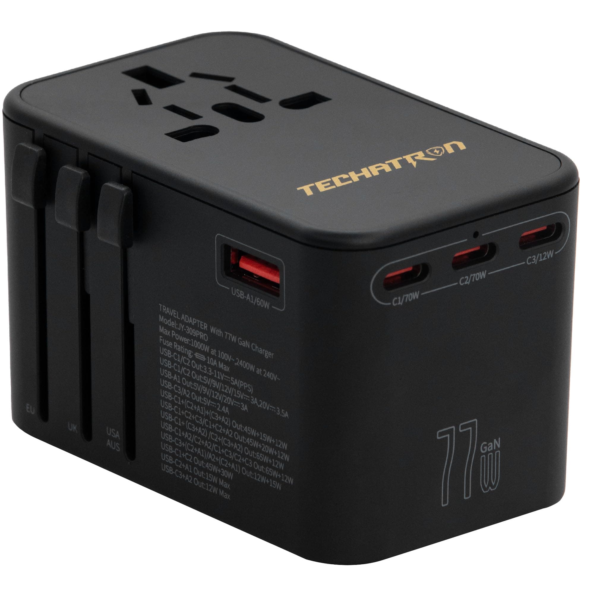 Techatron 6-in-1 Universal Travel Adapter (Type C/G/A/I) for US/AU/UK/EU, 77W GAN Charger, 2 USB-A, 3 USB-C, 1 AC Socket, European Travel Plug Adapter, International Power Adapter, Black