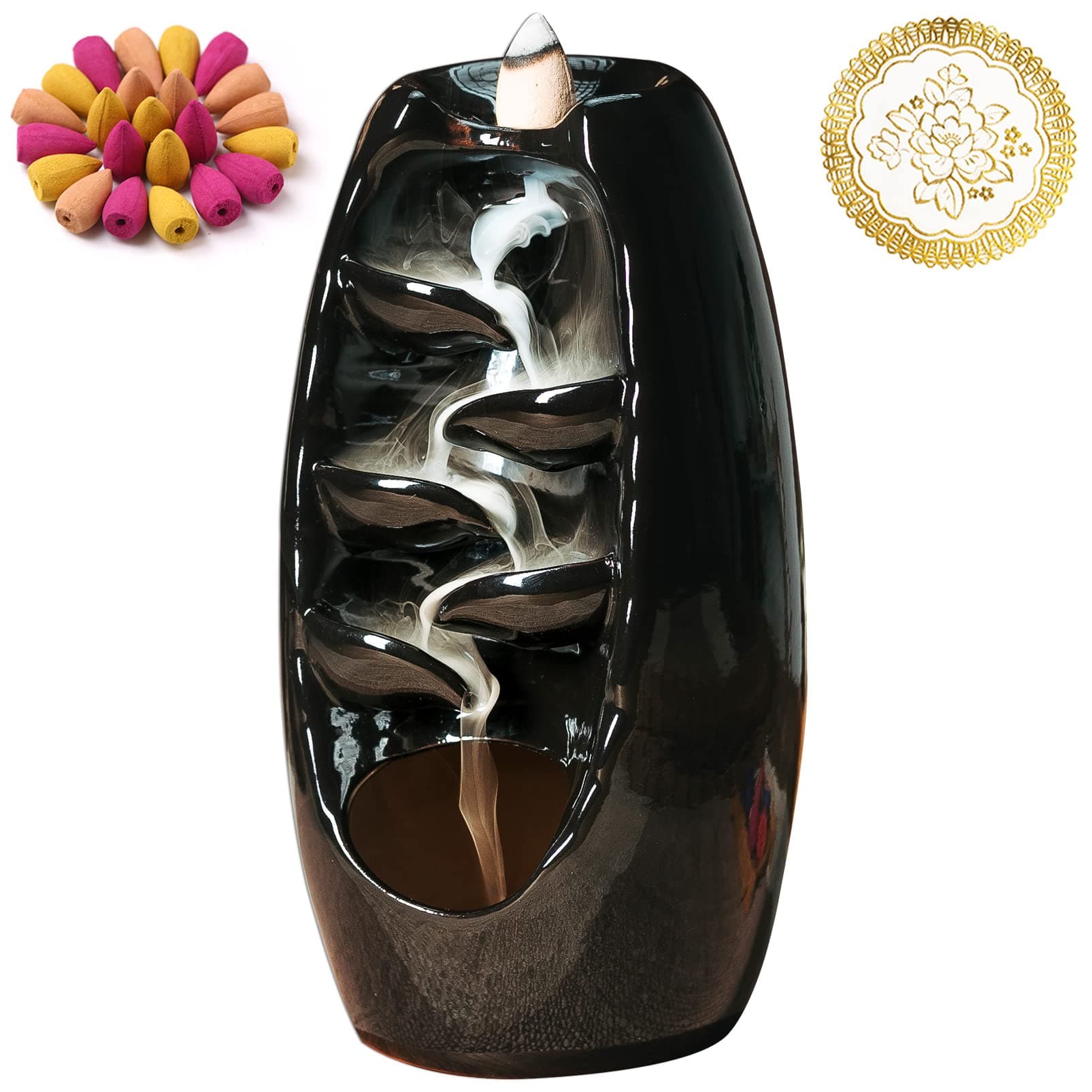 INONE Ceramic Incense Burner with 120 Cones, Waterfall Backflow Incense Holder, Aromatherapy Ornament, Zen Decor, Home Decor, Room Decor (Black)