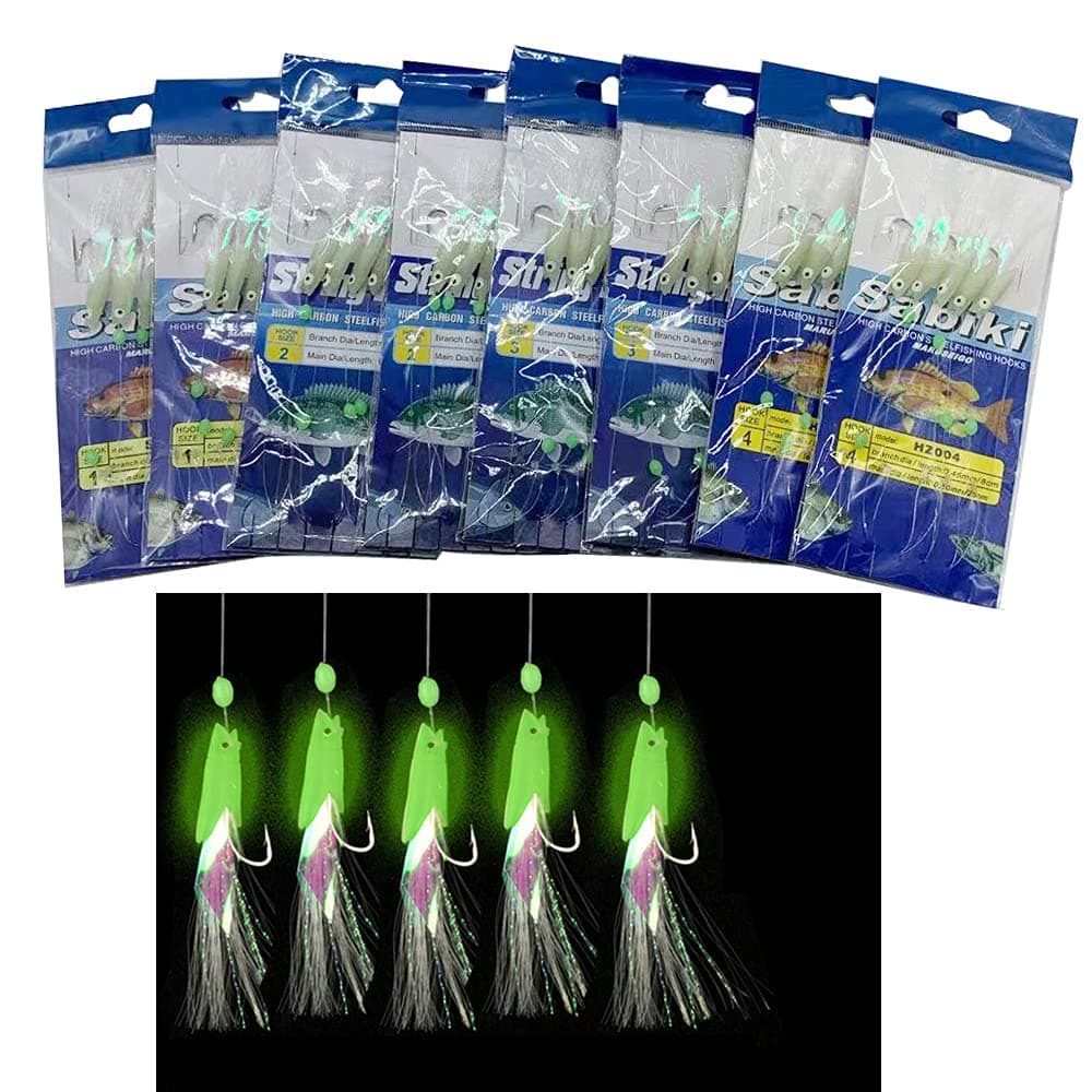 NA 8 Packs/40 Hooks Size 1#, 2#, 3#, 4# Luminous Sabiki Rigs Fishing Flasher Lures Bait Rigs Fish Skin Glow Fishing Lure Fishing Beads High Carbon Hooks for Fresh/Saltwater