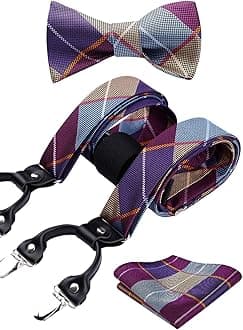 HISDERN Check Dots 6 Clips Suspenders & Bow Tie and Pocket Square Set Y Shape Adjustable Braces