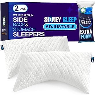Set of 2 Queen Size Bed Pillows for Side and Back Sleepers - Adjustable Filling - Memory Foam Pillows for Neck and Shoulder Pain - Customizable Loft - Extra Foam Included (White)