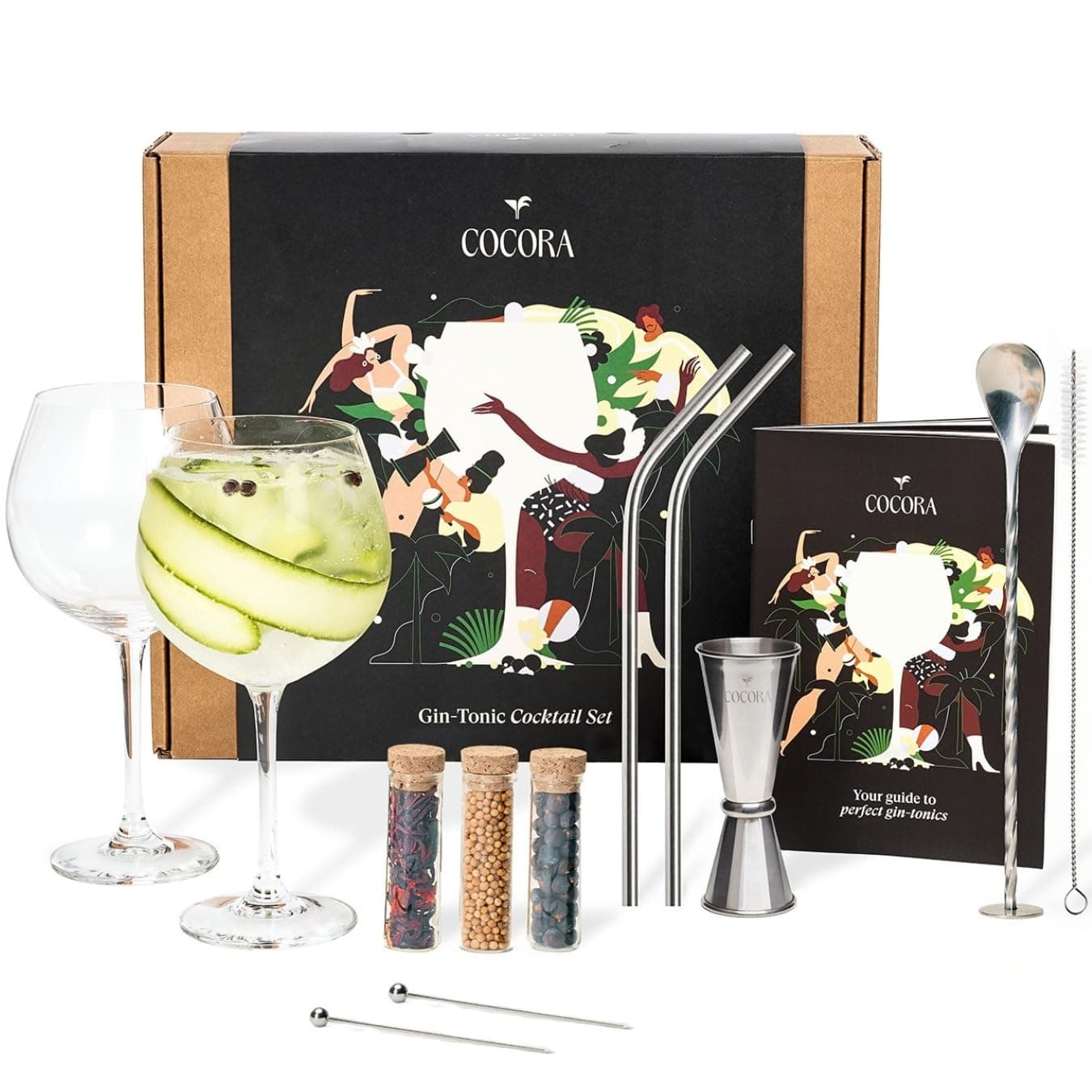 Gin Tonic Gift Set - 10-Piece Cocktail Set - including Gin Tonic Glasses, Herbs & Recipe Book - Luxury Gift Wrapping