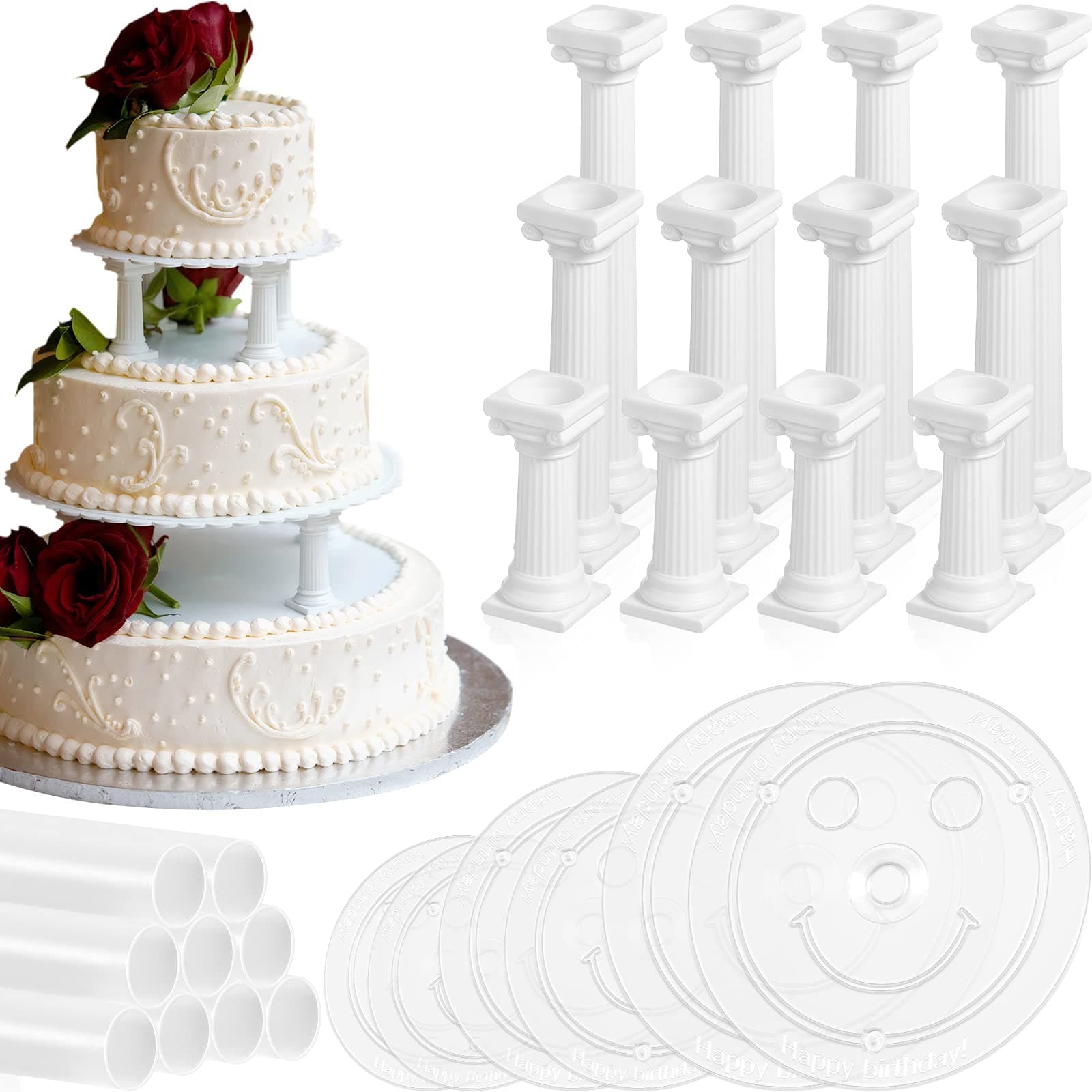 27 Pcs Cake Tier Stacking Kit Including 12 Pcs 3 Size Roman Column Cake Tiered Stands Cake Pillars 6 Pcs 9/12/16/20cm Cake Boards Cake Separator Plates and 9 Pcs Cake Dowel Rods for Wedding Cakes