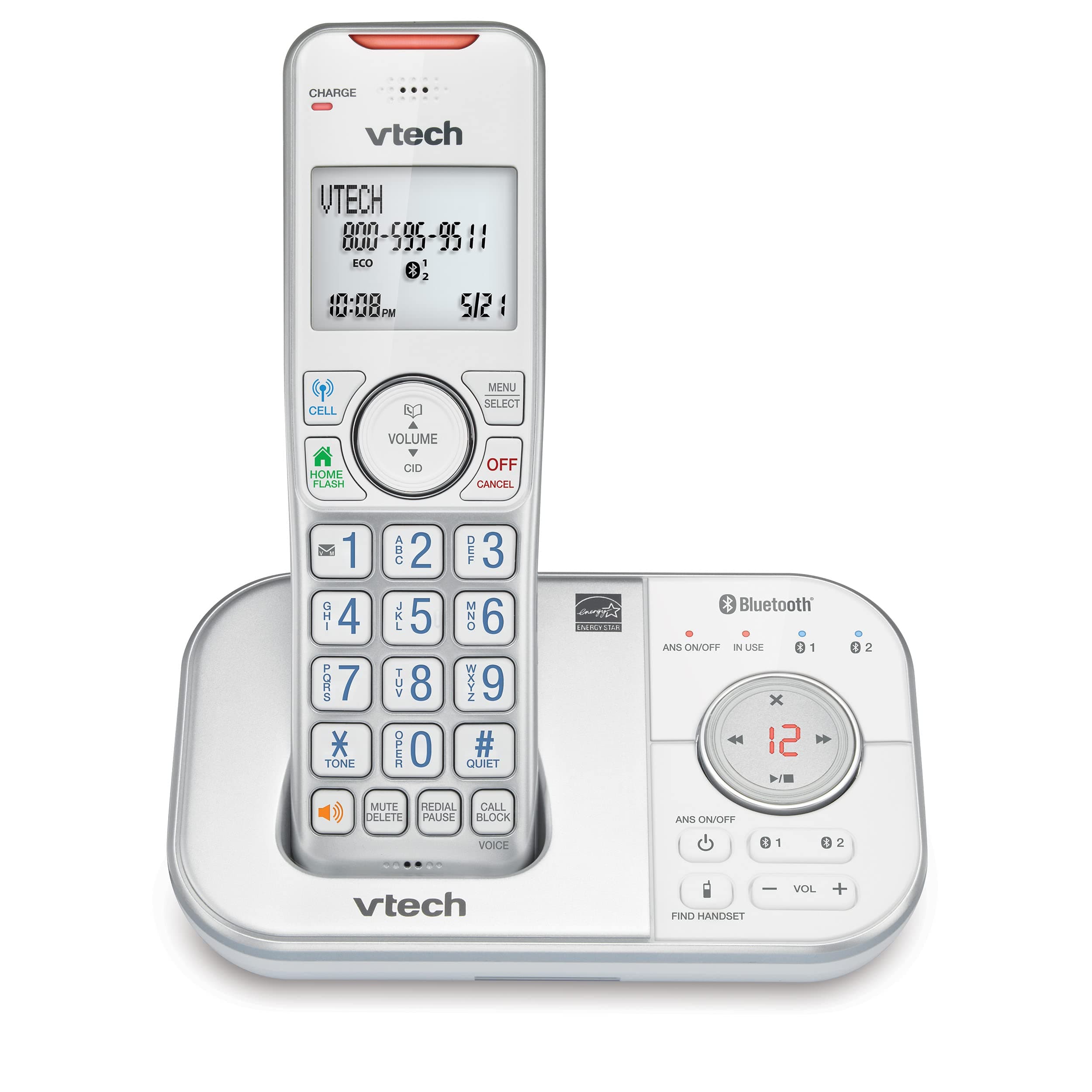 VTECH VS112-17 DECT 6.0 Expandable Wireless Bluetooth Home Phone with Answering Machine, Call Blocking, Caller ID, Intercom and Cell Phone Connection (Silver and White)