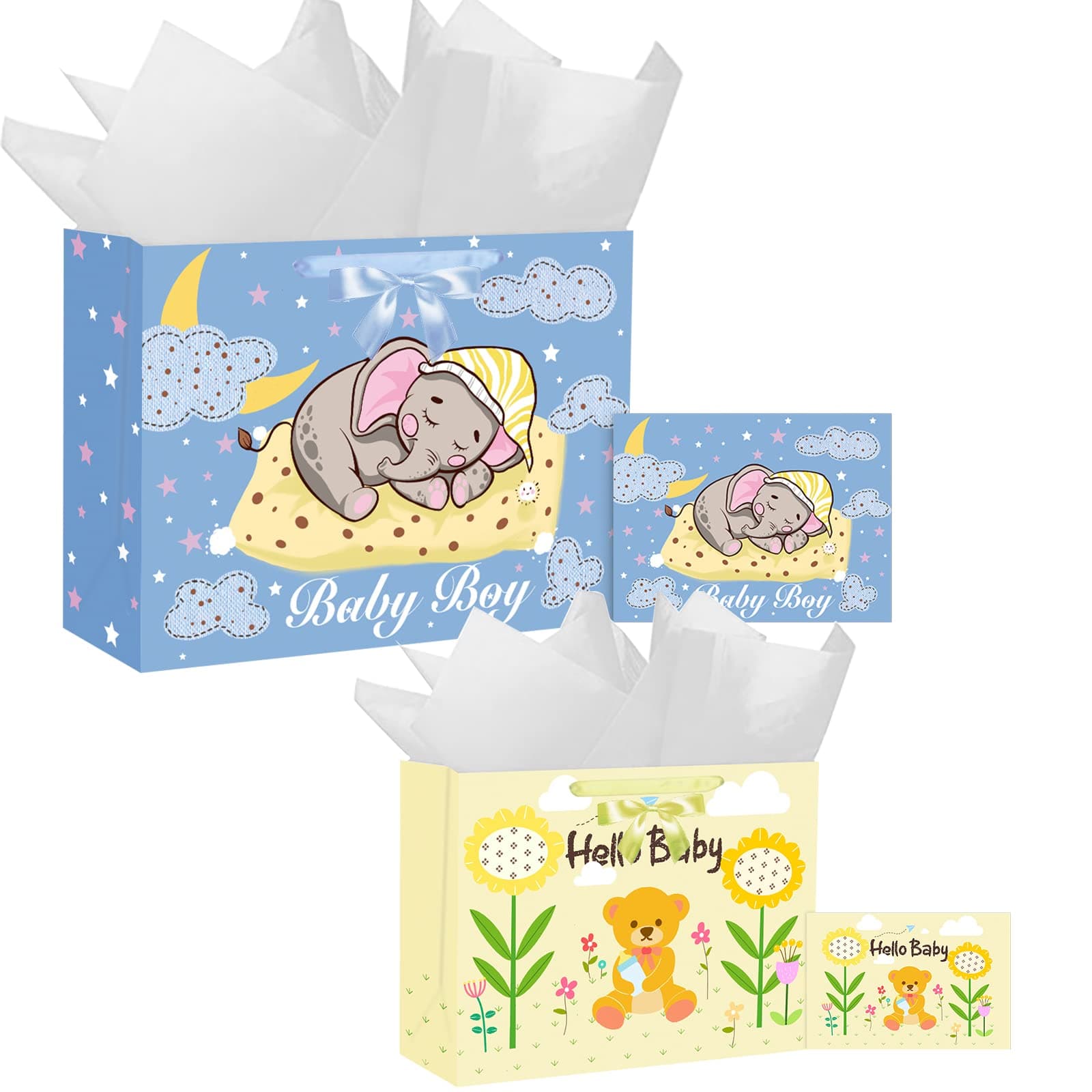 TeeFity 2 Pcs Extra Large Baby Boy Gift Bag Set, Blue Gift Bags with Tissue Paper and Greeting Card for Baby Shower- 16" x 11.8" x 5.9", 12.9" x 10" x 5"