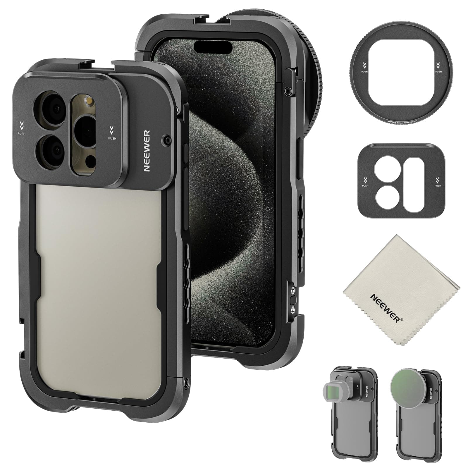 NEEWER 15 Pro Cage Phone Video Rig with Snap On 67mm Filter Adapter, 17mm Lens Backplane, Cold Shoe, 1/4" Tripod Mount, Cleaning Cloth, Metal Phone Stabilizer for Video Recoding TikTok, PA023