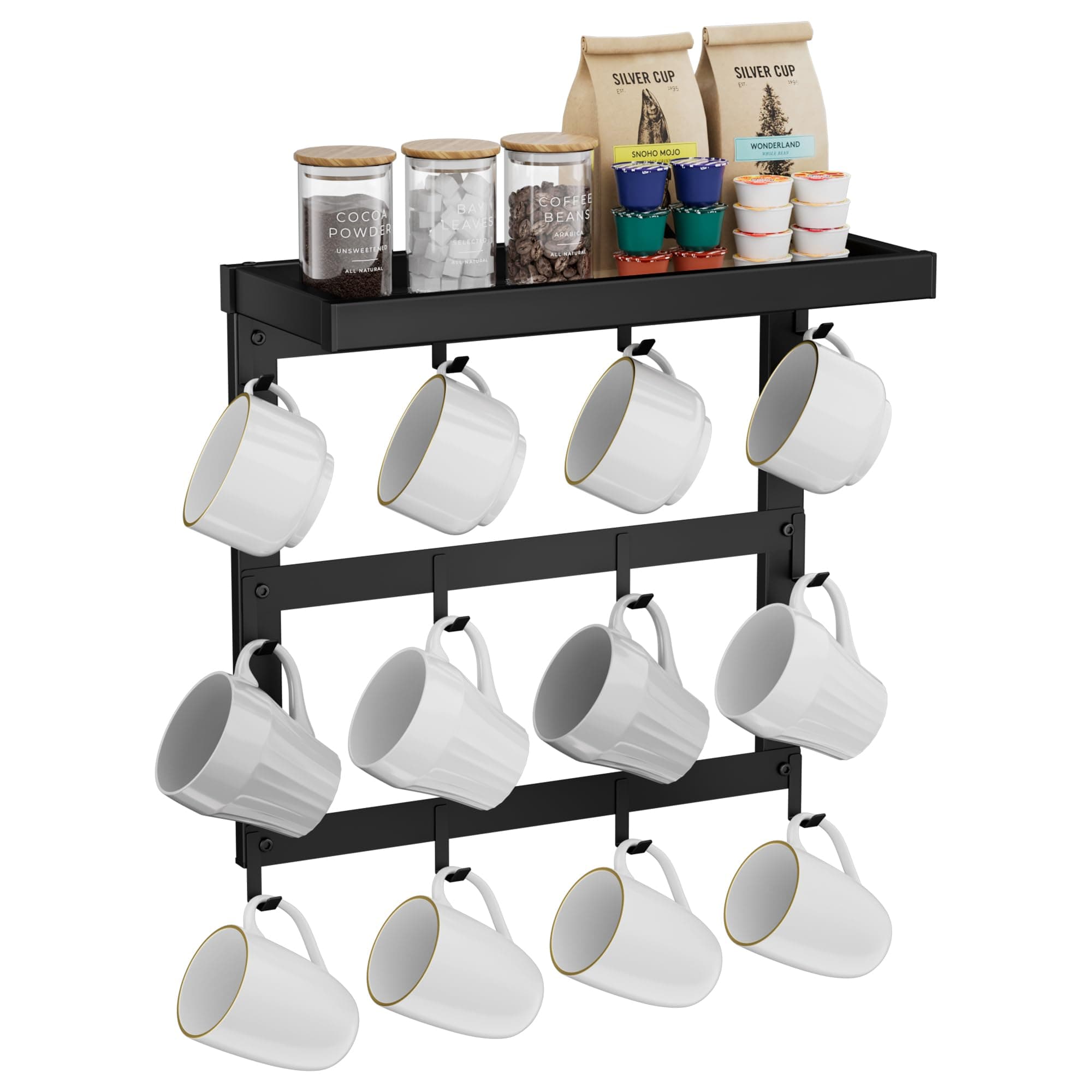 Coffee Mug Rack Wall Mounted, Rustic Metal Mug Holder Organizer with 12 Hooks and Top Shelf Cup Storage Rack for Home Kitchen Coffee Bar Station Mug Display and Collection