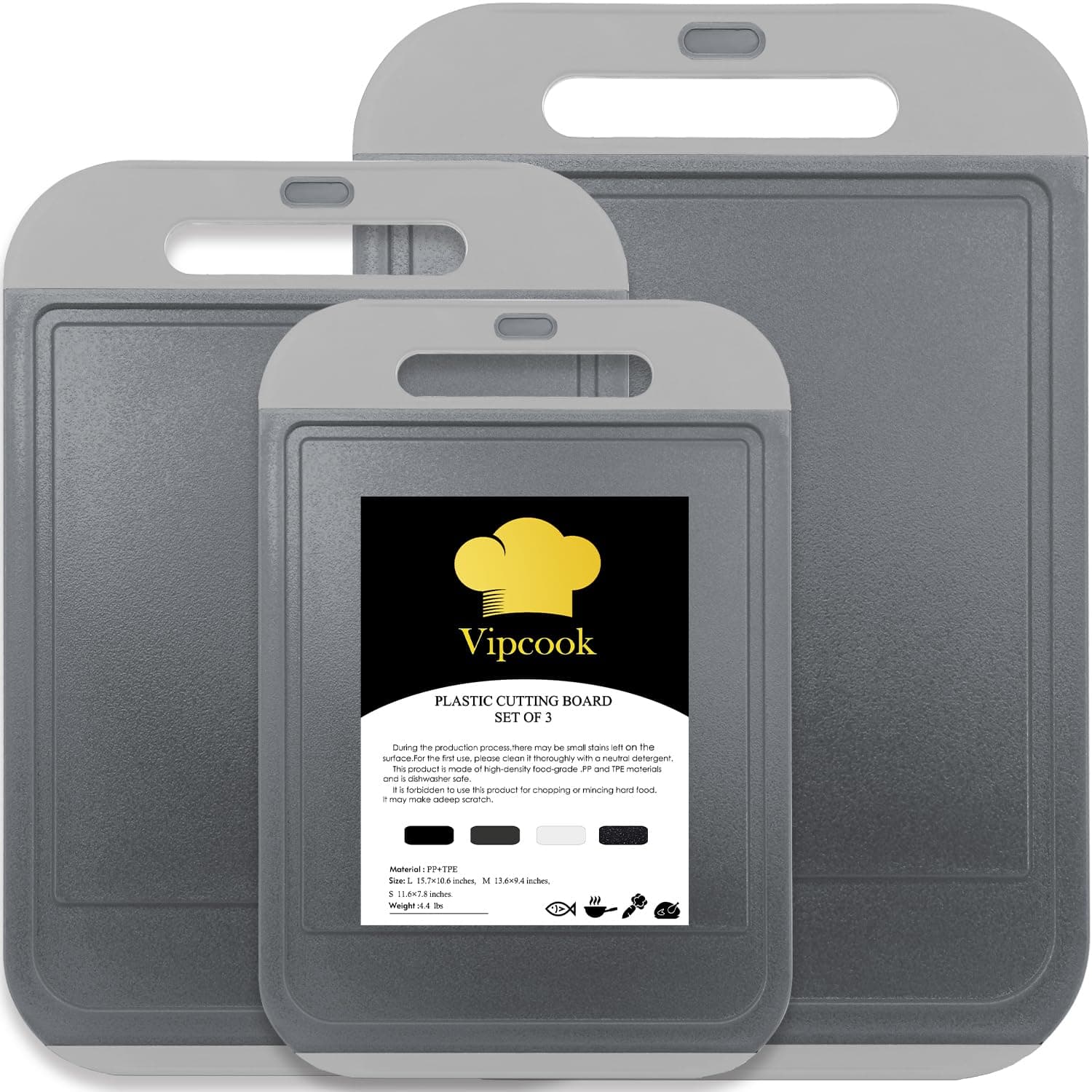 Plastic Cutting Boards for Kitchen 3Pcs Set Larger Chopping Board Dishwasher Safe with Easy Grip Handle Juice Grooves 100% BPA Free Non-Slip Knife friendly Meat, Vegetables,Fruit (Gray)